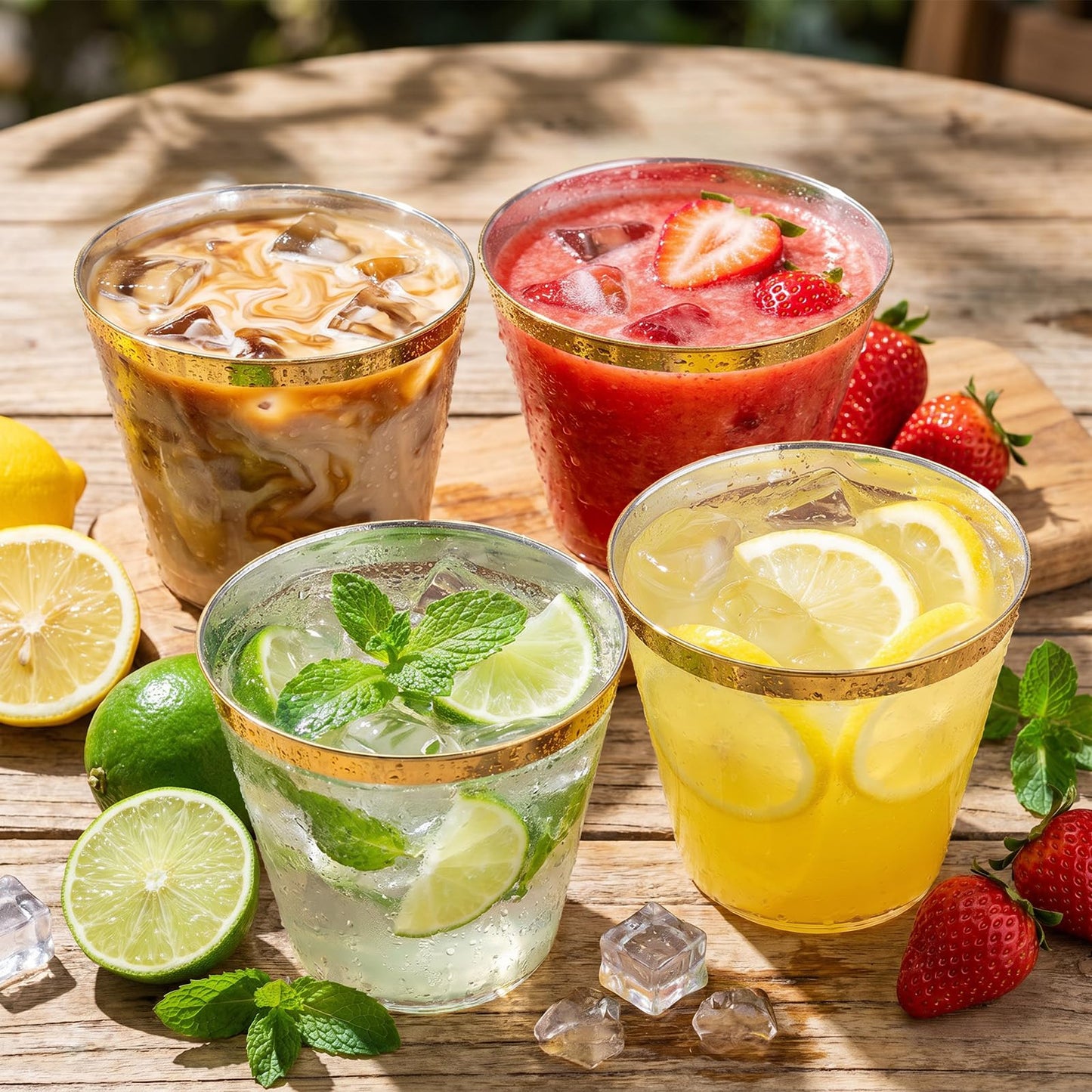 I00000 200 Pack Gold Plastic Cups, 9 Oz Elegant Clear Plastic Cups Gold Rimmed Disposable Wine