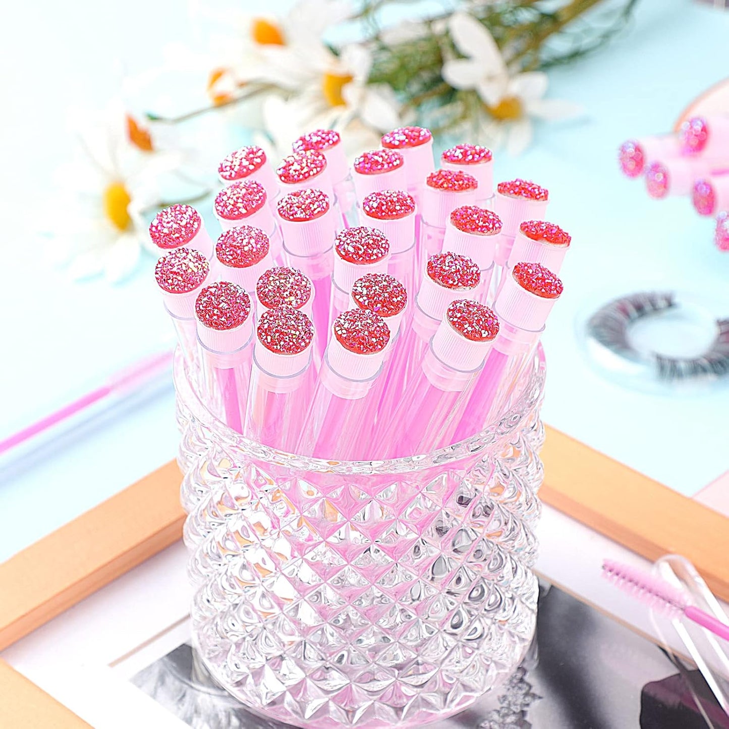 50-Piece Disposable Mascara Brushes - Eyelash Brushes, Diamond Mascara Wands with Tube, Makeup Tool, Lash Spoolies, Sanitary Brushes, Lash Extension Supplies (Tube Star D Pink 50)