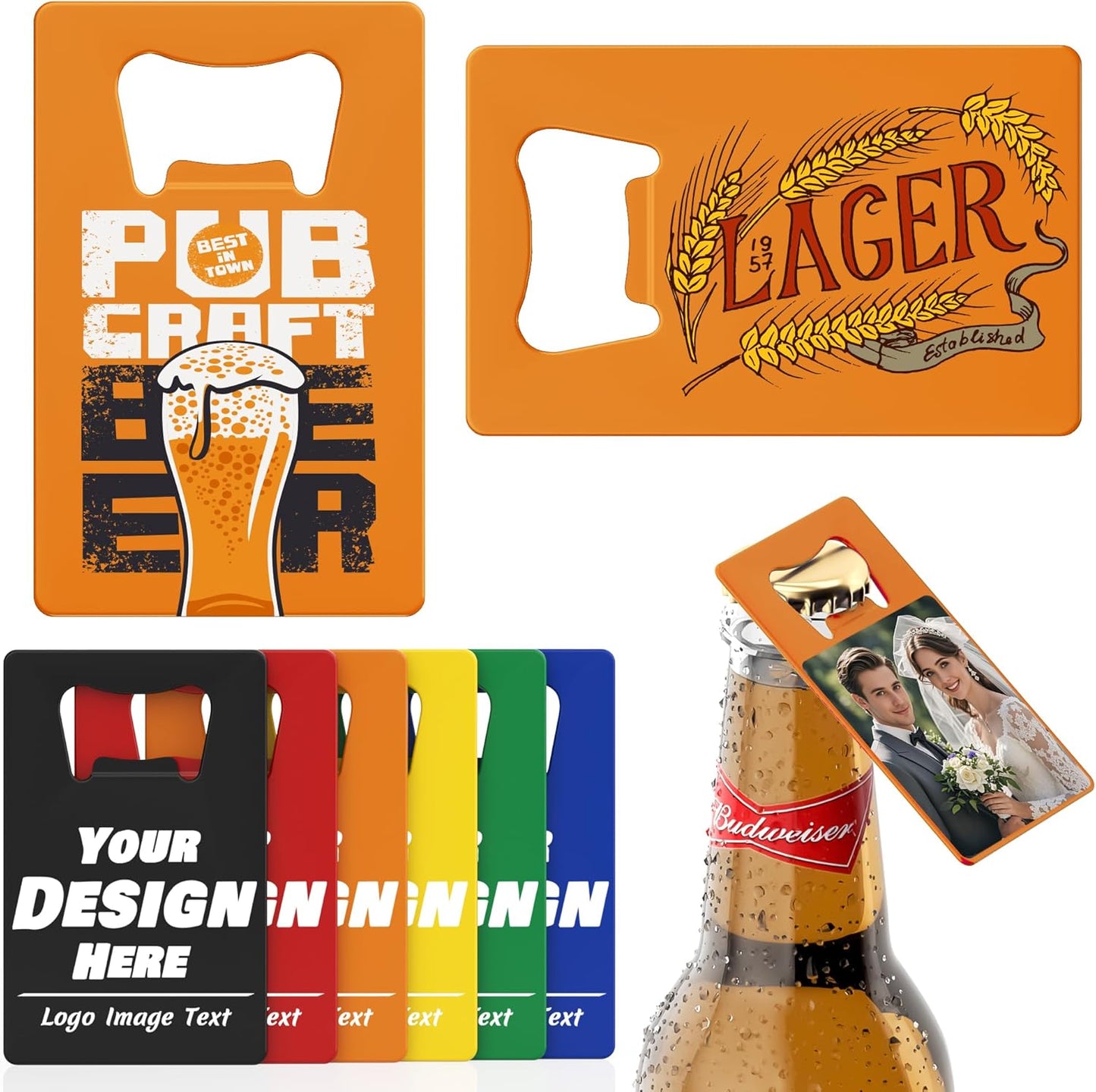 4-100 Pcs Custom Bottle Opener, Personalized Stainless Steel Credit Card Bottle Opener, Full Color Print Custom Beer Can Opener Bulk for Bar, Wedding Favors, Party, Promotion, Groomsmen Gift (Orange)