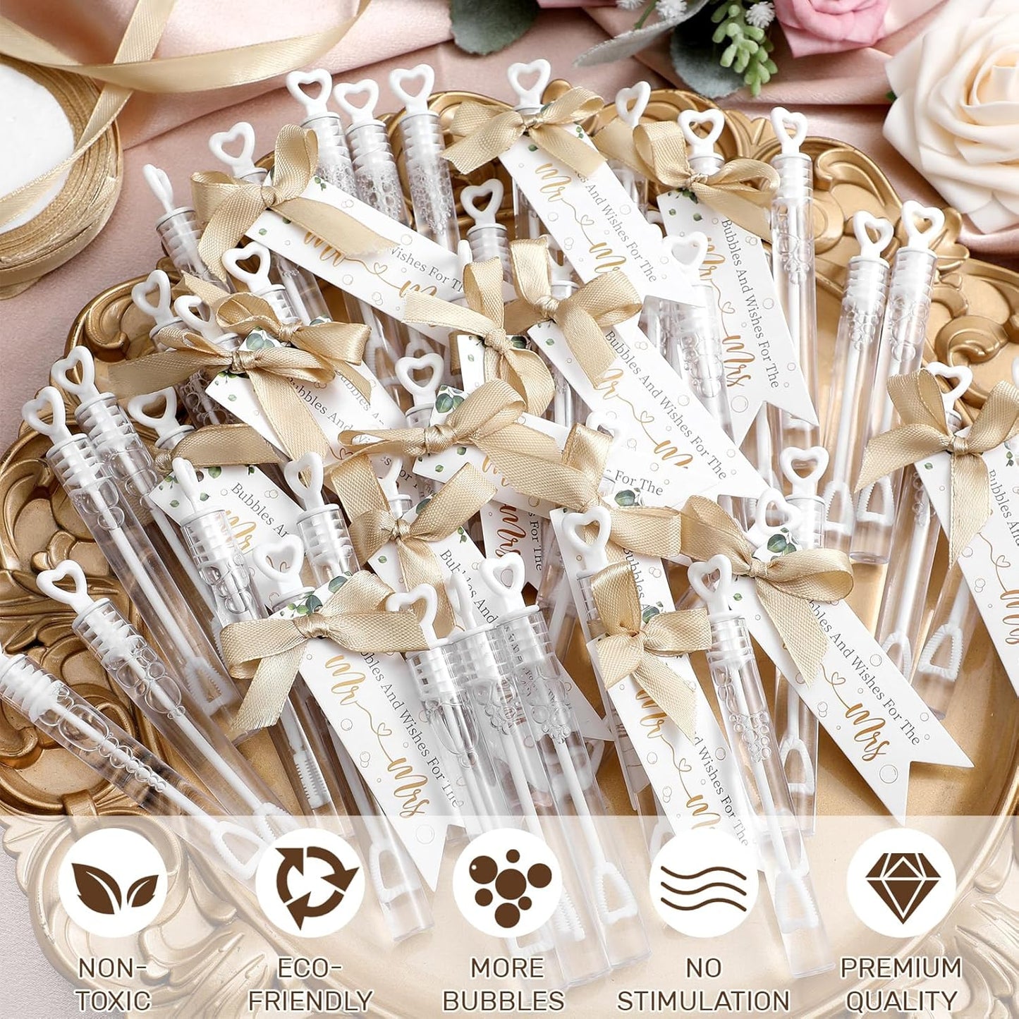 405 Pcs Wedding Bubbles Wands Set Include Heart Bubble Wands Bubbles Send Off Cards Gift Tags Wood Photo Frame Ribbons for Wedding Send Off Party Favors(Champagne Gold)