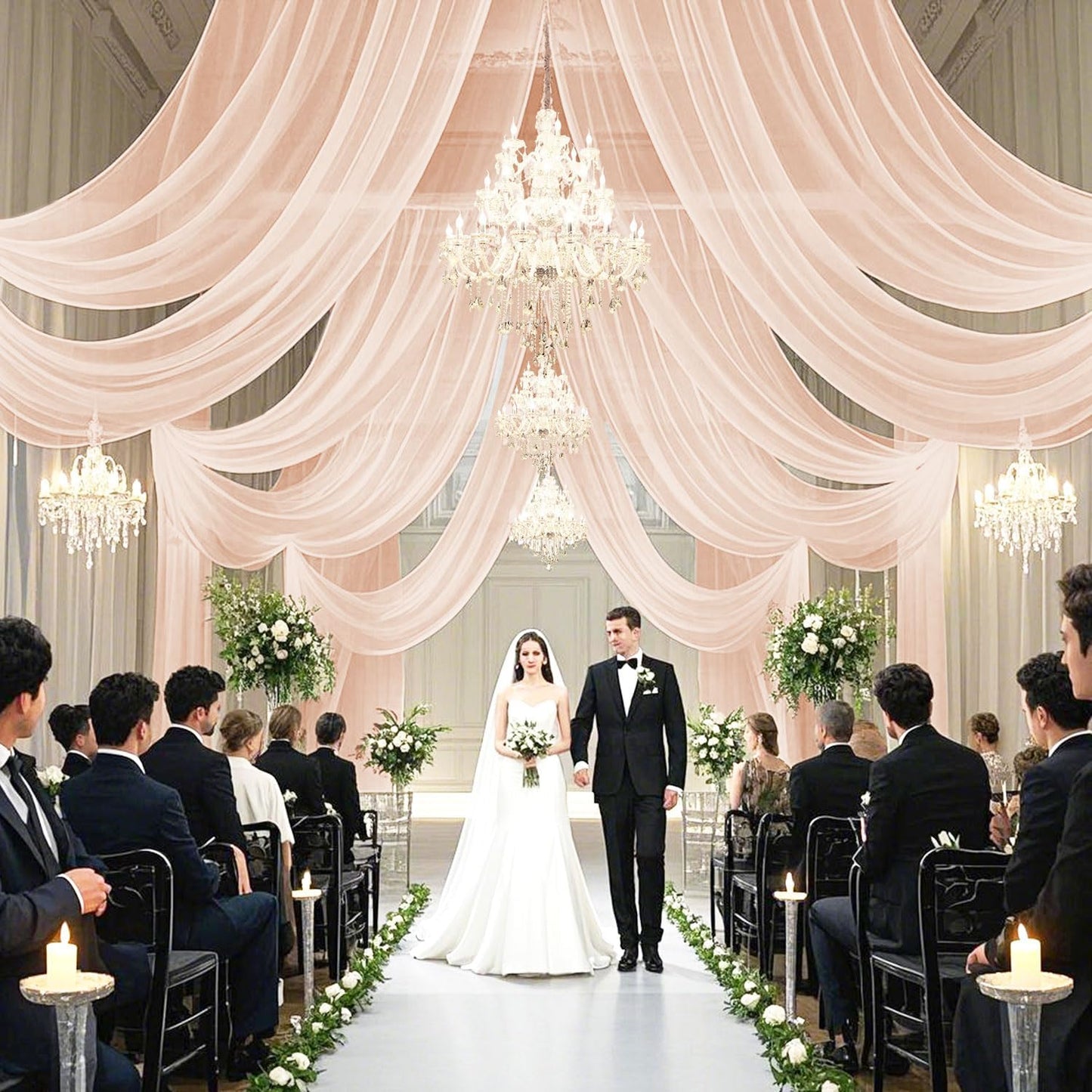 FUHSY Ceiling Drapes for Weddings 4 Panels 5x20 FT Champagne Chiffon Fabric Drape Sheer Backdrop Curtains for Bridal Wedding Arch Draping Fabric Tent Ceiling Curtains Hanging Kit for Bedroom Canopy