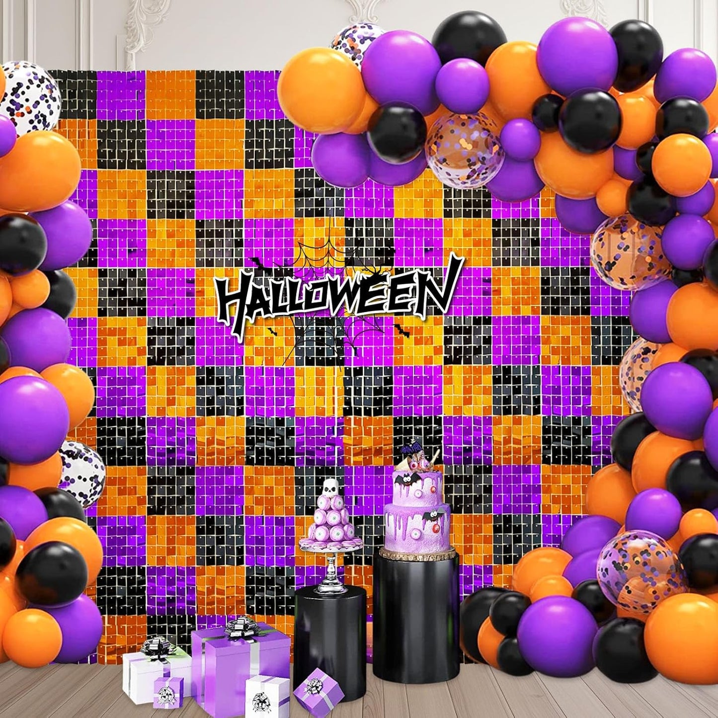 12PCS Black Orange Purple Shimmer Wall Backdrop, Laser Square Sequin Photo Backdrops Panel, Glitter Wall Background for Birthdays, Weddings, Halloween Party Decor (3FTx4FT)