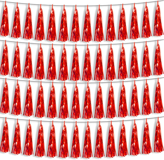 4P Red Foil Fringe Metallic Tassel Streamers Banner Tassel Garland for Parade Floats, Bachelorette, Wedding, Birthday, Halloween, Christmas, Bridal/Baby Shower Party Decorations