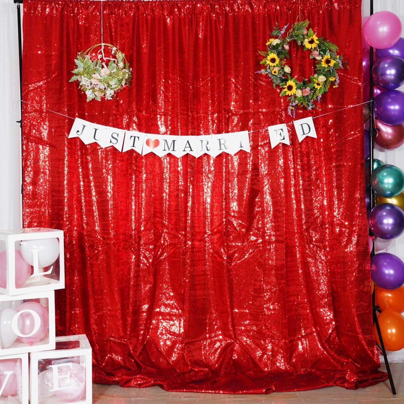 Poise3EHome 8Ft x 10Ft Red Sequin Backdrop, Glitter Thick Satin Sequin Background Drapes, Sparkly Photography Curtain, Sequence Backdrop for Wedding Party Holiday Festival Decor