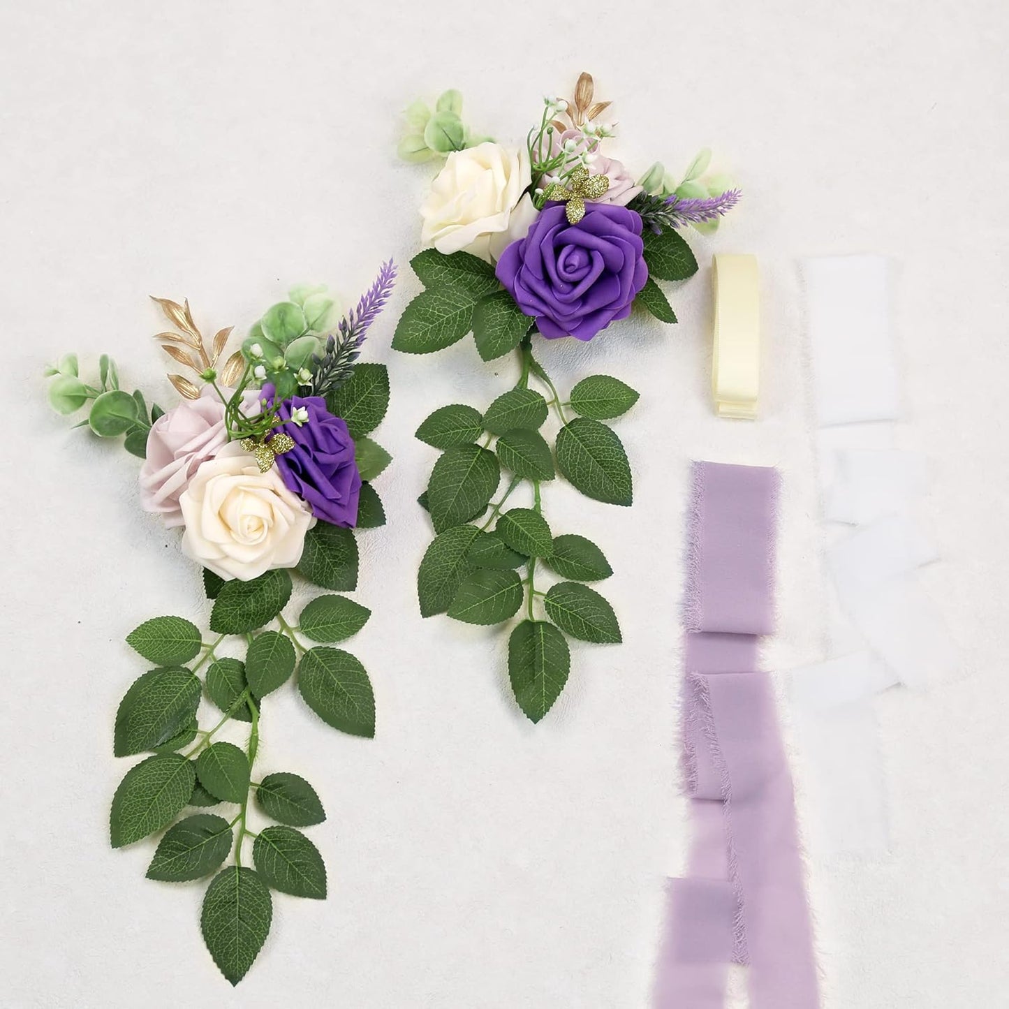 Wedding Aisle Decorations for Wedding Ceremony Set of 10 Pew Flowers for Church Chair Decorations Party Decor with Artificial Flowers Eucalyptus and Ribbons Purple