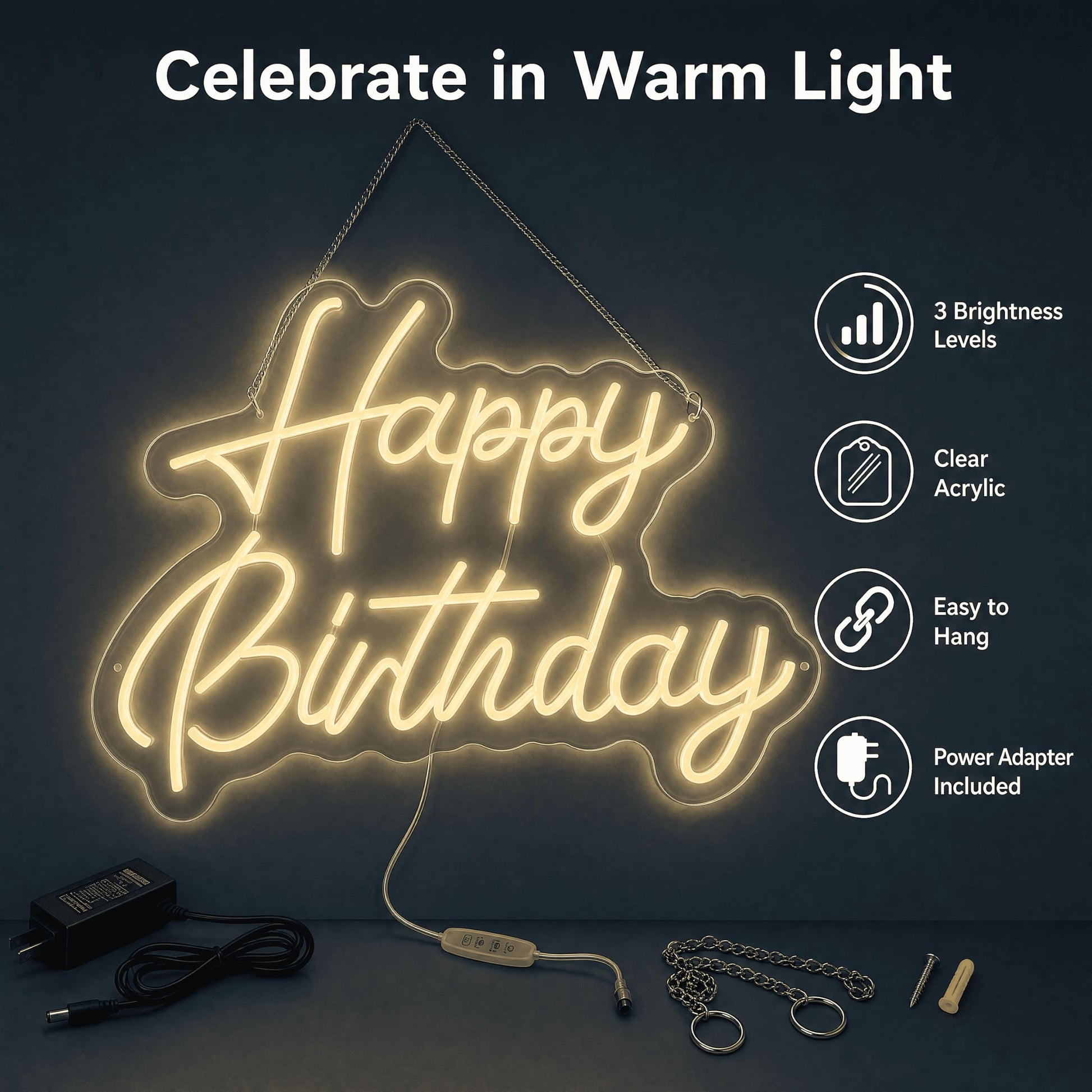 SCHMTSUNTOO Happy Birthday Neon Sign, 22x16.9in LED Dimmable Warm White