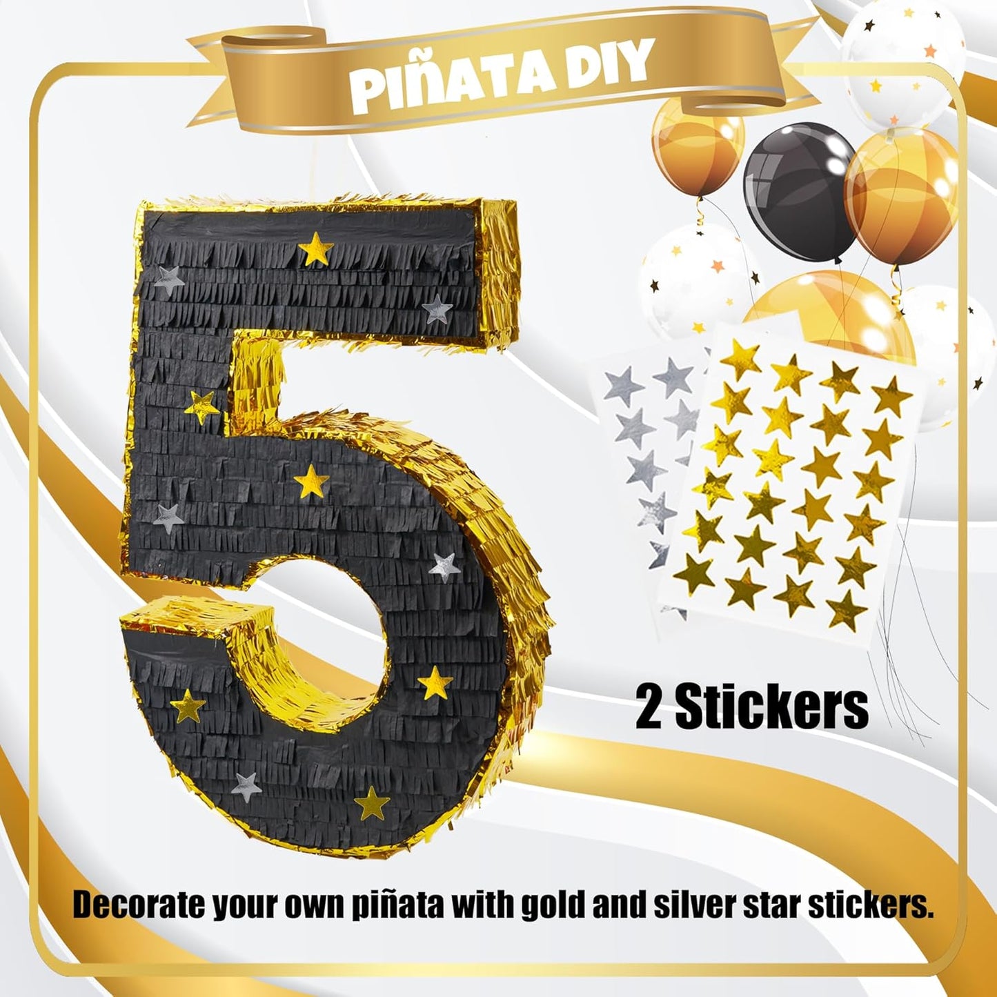 PCFING 20 Inch Number 5 Piñata Gold Black with 30 Inch Piñata Stick Blindfold Confetti for Man Women Boys Girls Birthday Party Decorations, Anniversary Celebration, Fiesta