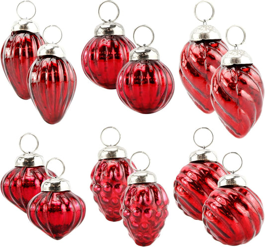 AuldHome Mercury Glass Finial Ornaments (Set of 12, Red, Small); Distressed Metal Antique Style Christmas Tree Decorations; 1.3 to 2-Inch Size