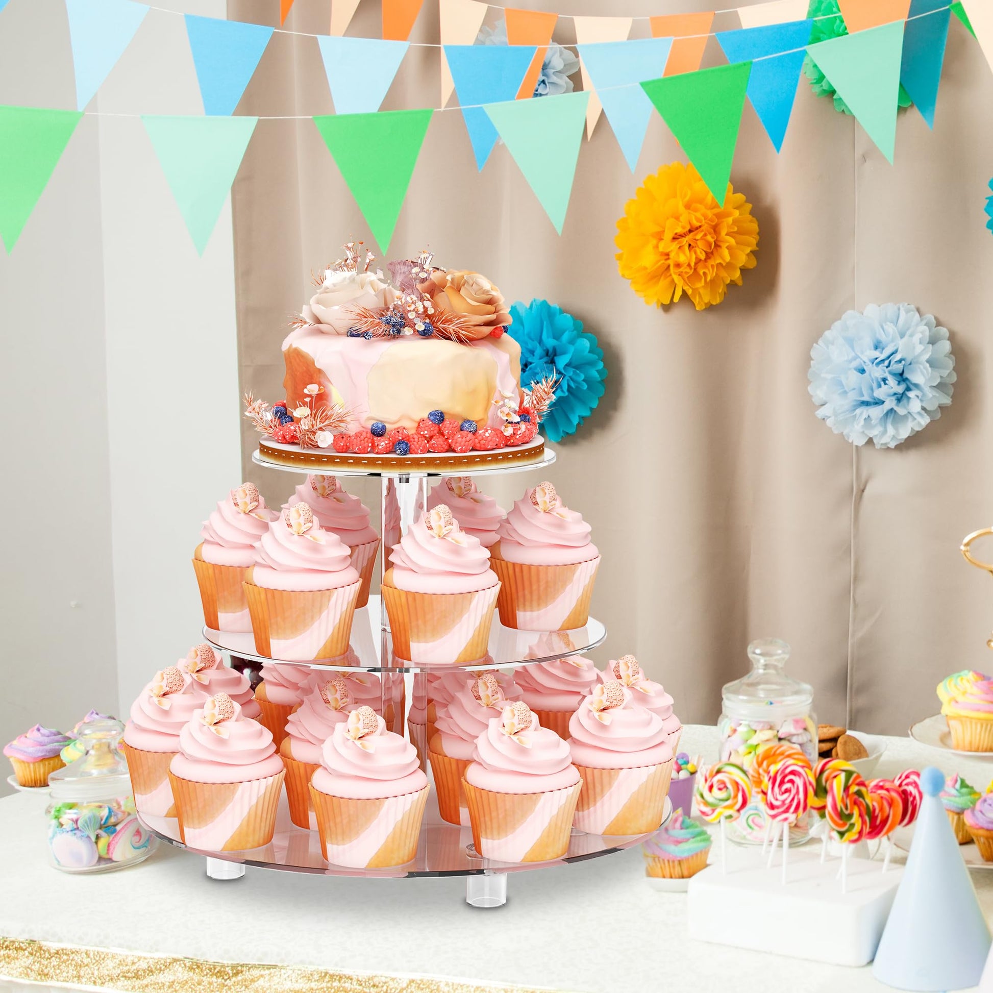 Acrylic Cupcake Stand Clear Round Dessert Tower Holder Display with Base