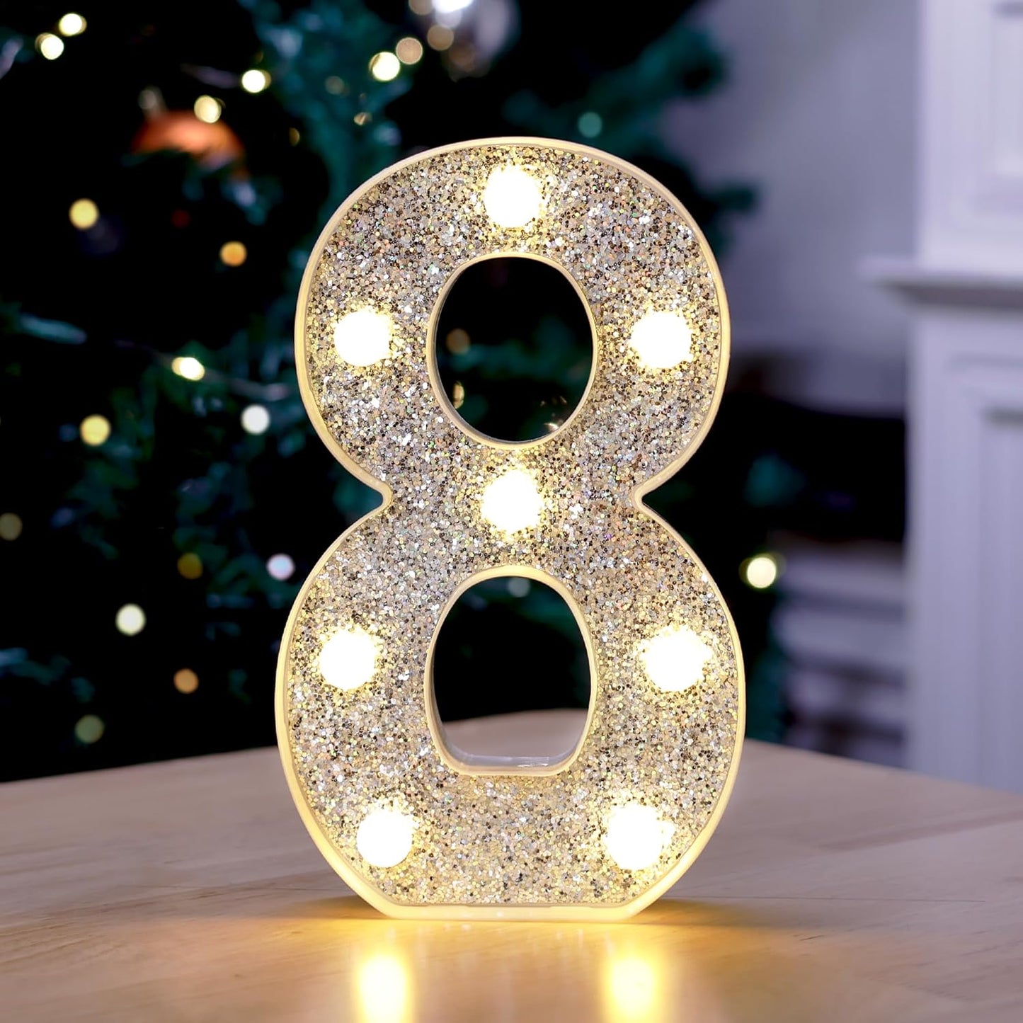 Marquee Light Up Letters, Glitter Silver LED Letter Lights Battery Powered Alphabet Letter Sign for Night Light Wedding Birthday Party Cafe Bar Decoration Girls Room Decor - Number 8