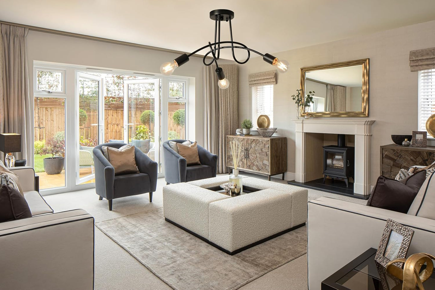 Modern Farmhouse Chandelier,22 Inch Black Metal Spiral Rustic Vintage Semi Flush Mounted Ceiling Light Fixture for Dining Room Bedroom Kitchen Island Hallway Foyer Entryway(3-Light)