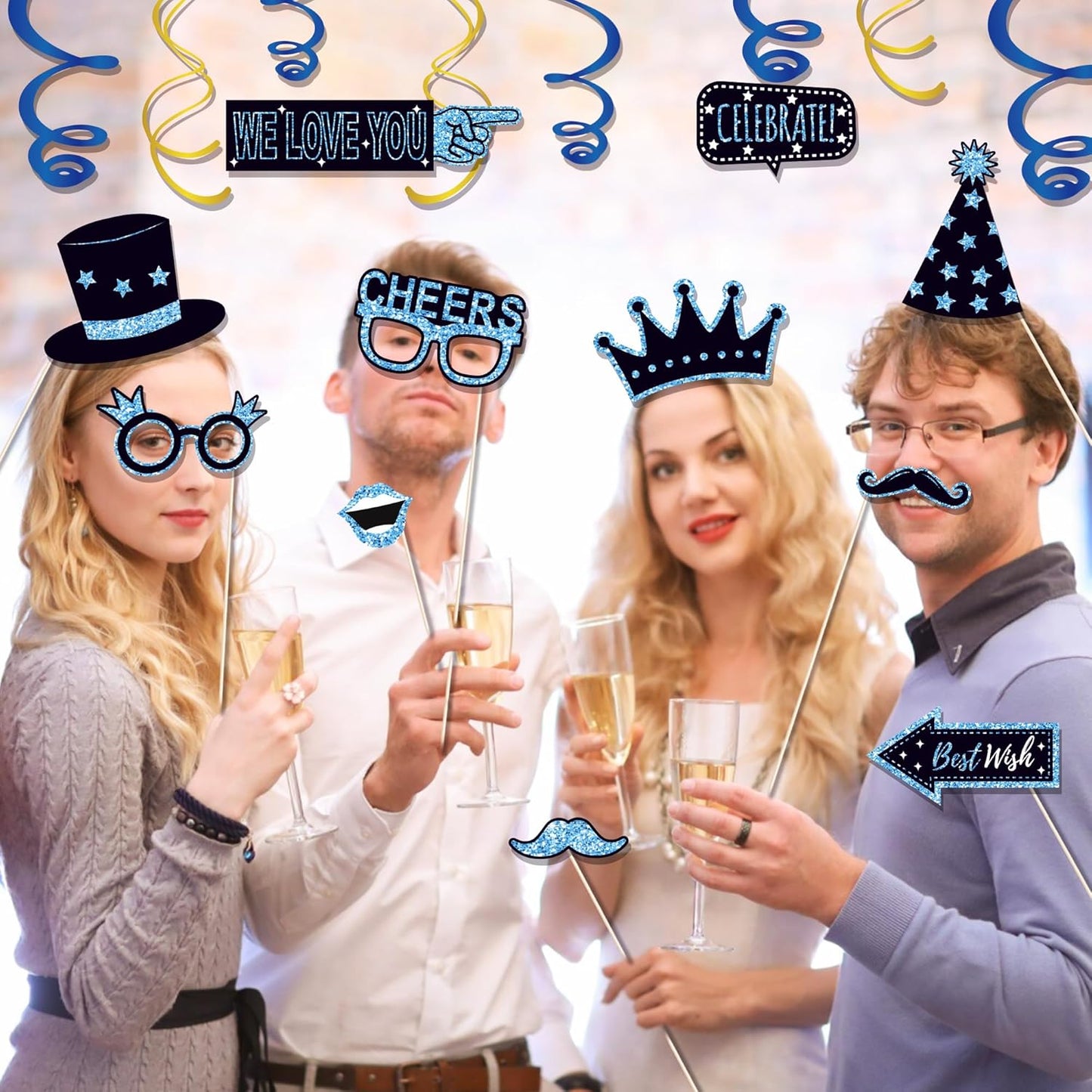 36 PCS Birthday Photo Booth Props Party Supplies Holiday Picture Decorations Photo Booth Props for Birthday Party Favors Pose Sign Kit Fun for Party (Black and Blue)