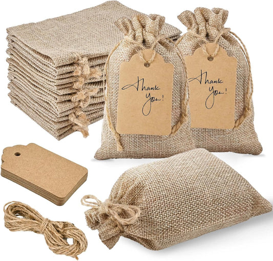 Jutieuo 25pcs Small Burlap Bags with Drawstring - 4x6 Inch Reusable Premium Linen Sacks Bags with Tag and String, Mini Gift Bag for Wedding Party Favor, Jewelry Pouches, Coffee, DIY Craft