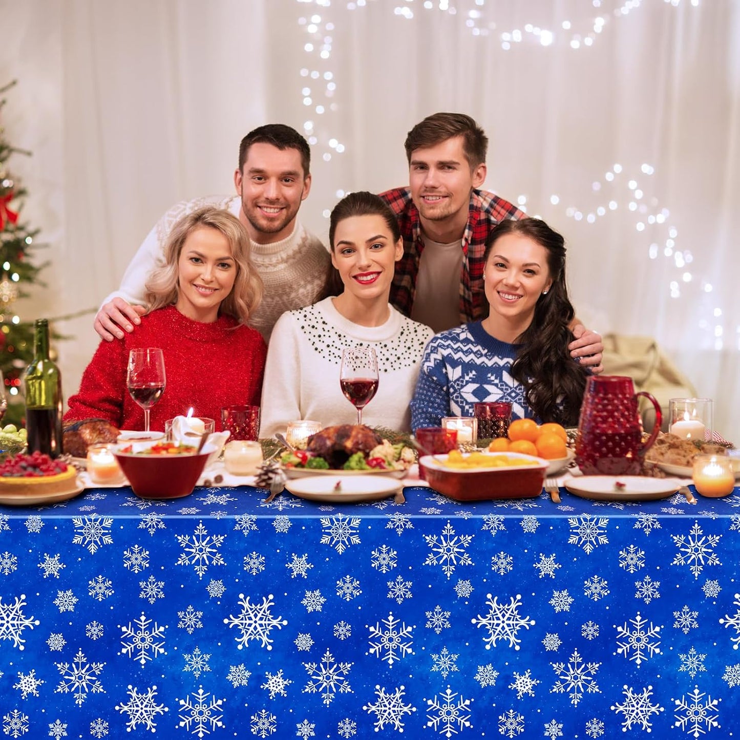 Jectivs 6 Pieces Christmas Snowflake Plastic Party Tablecloth Decorations,White Snowflake Blue Xmas Backdrop Sign Table Cover Banner for Winter Christmas Holiday Party Supplies,54x108 inch (Blue)