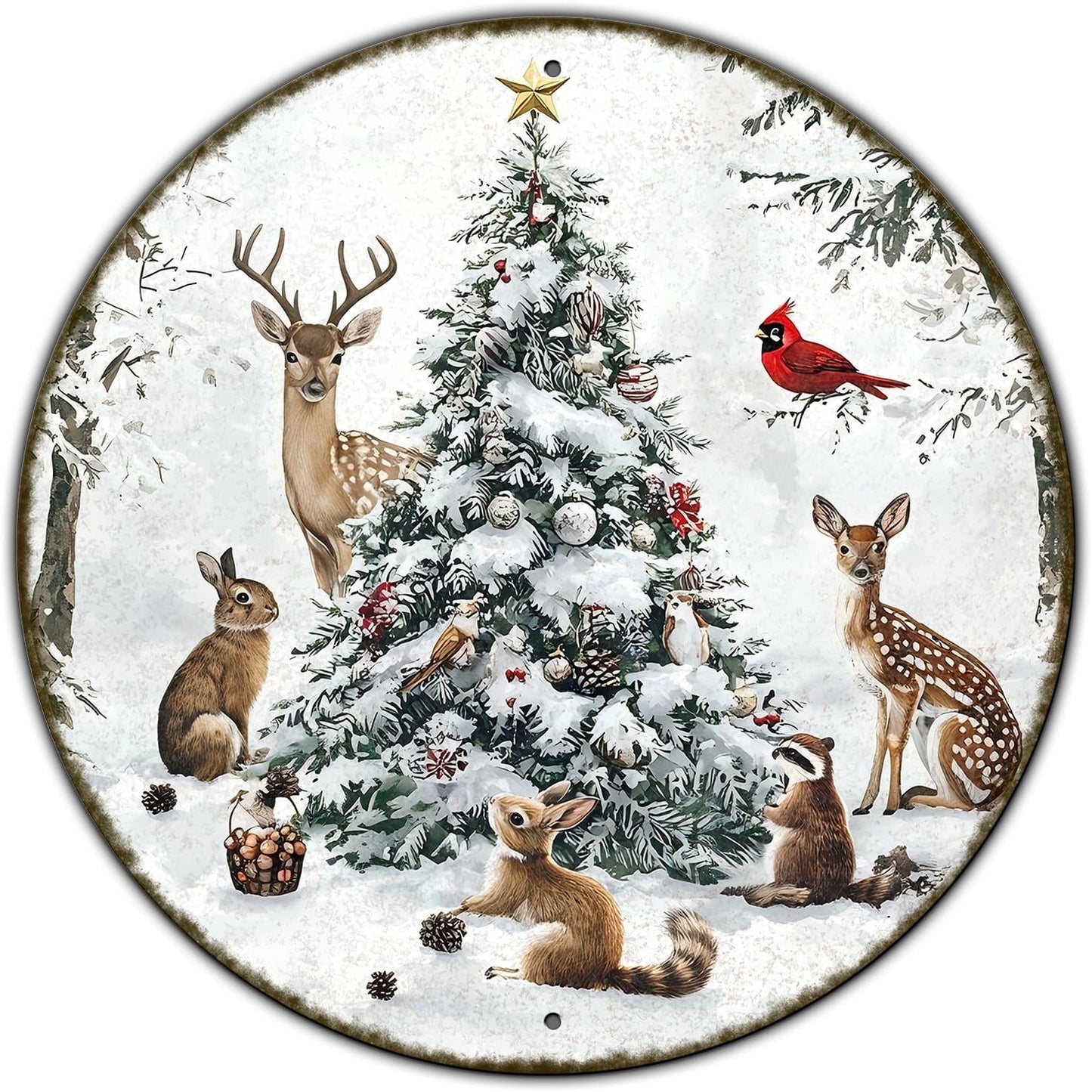 Round Christmas Snow Animals Metal Tin Sign - Vintage Christmas Tree & Winter Sign for Home & Outdoor Decorations - 12 * 12 in