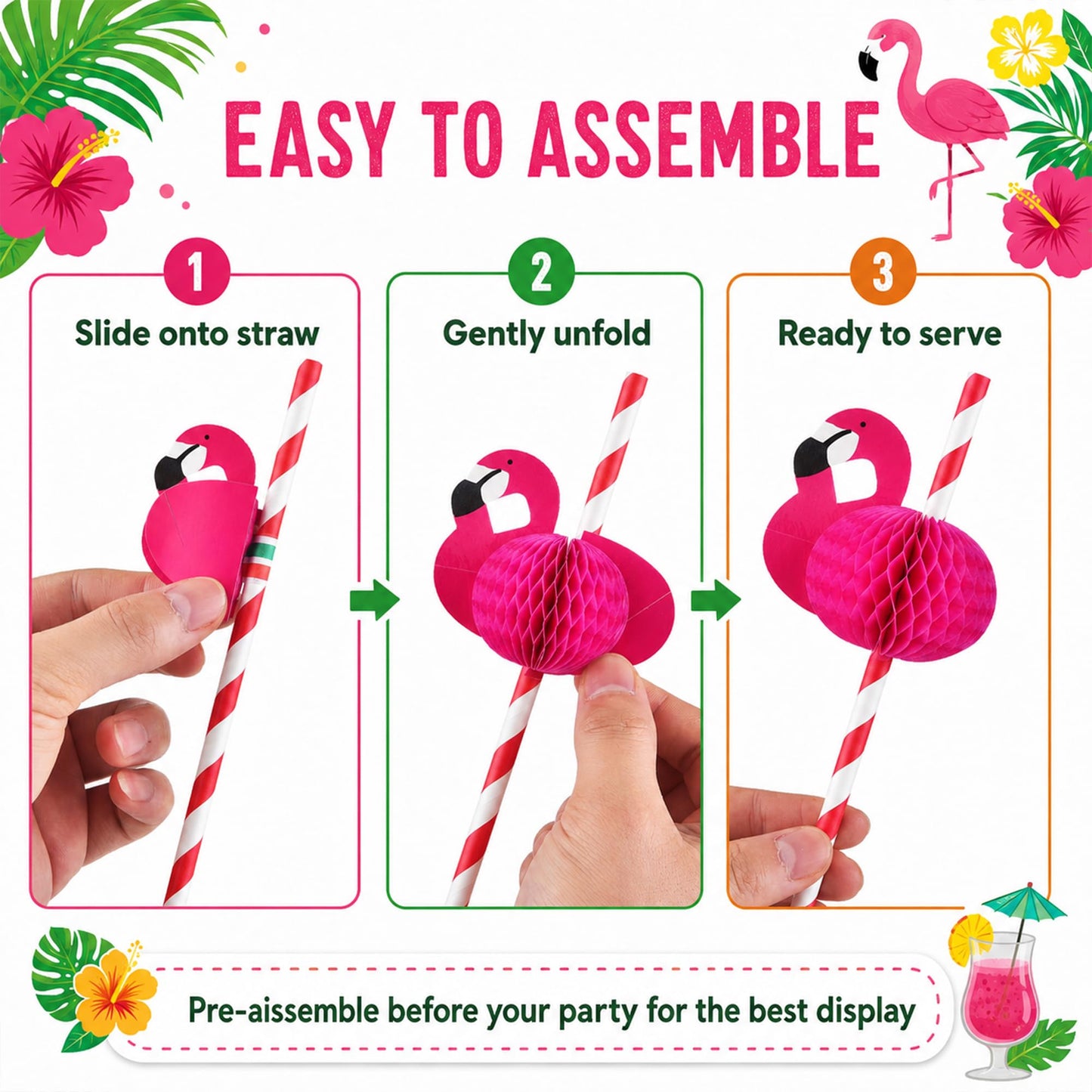 Haundry 100PCS Luau Party Cocktail Straws, 3D Honeycomb Flamingo Fruit Umbrella Paper Straws with