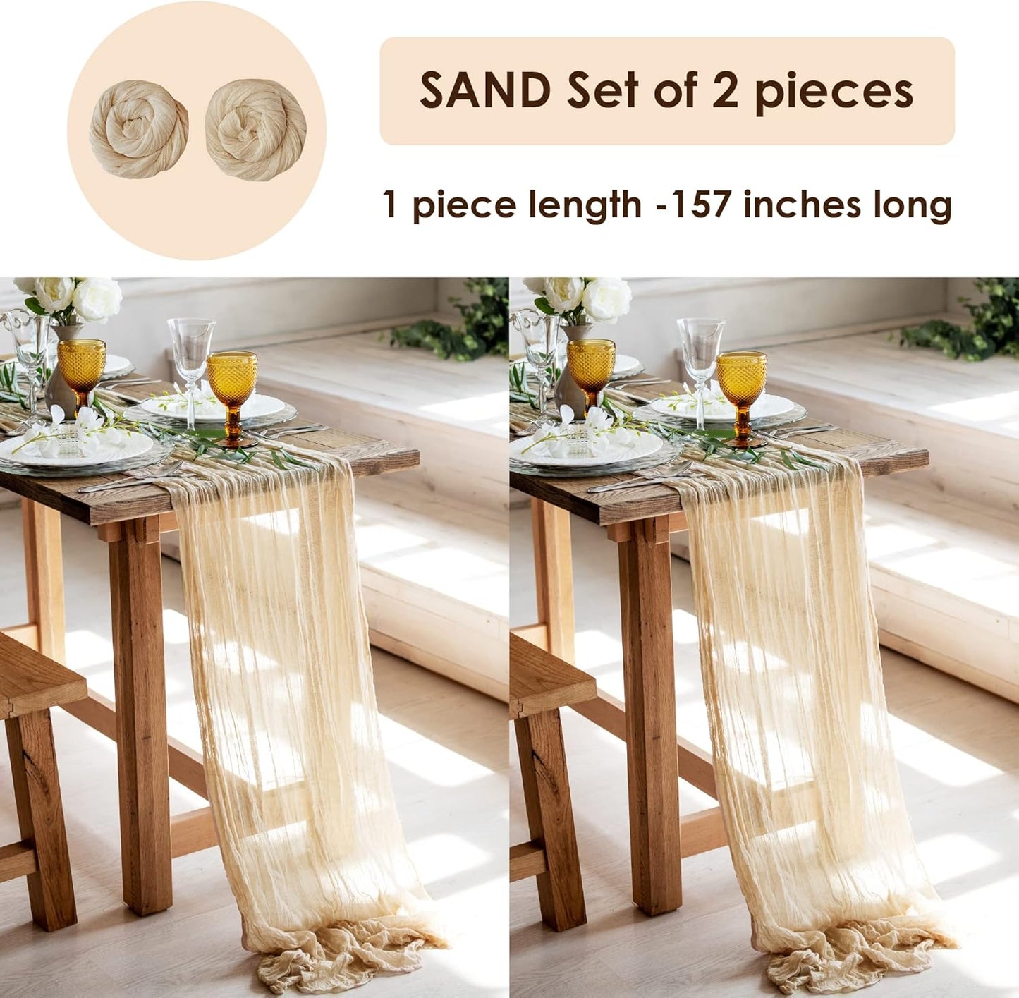 Gauze Table Runner Bulk Cheesecloth Table Runner Set of 2 Pieces 141 inches Long Each for Bohemian Wedding Wedding Decorations, Beige Cheese Cloth Gauze Fabric