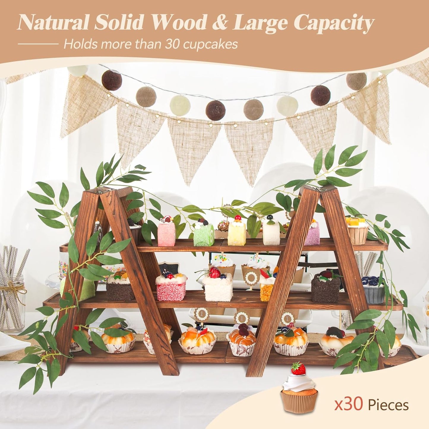 Wooden 3-Tier Cupcake Stand with Removable Trays & Vine Decoration – Foldable Party Display Serving Ladder with Platter for Cake, Snacks, Fruits, Chips, Bread