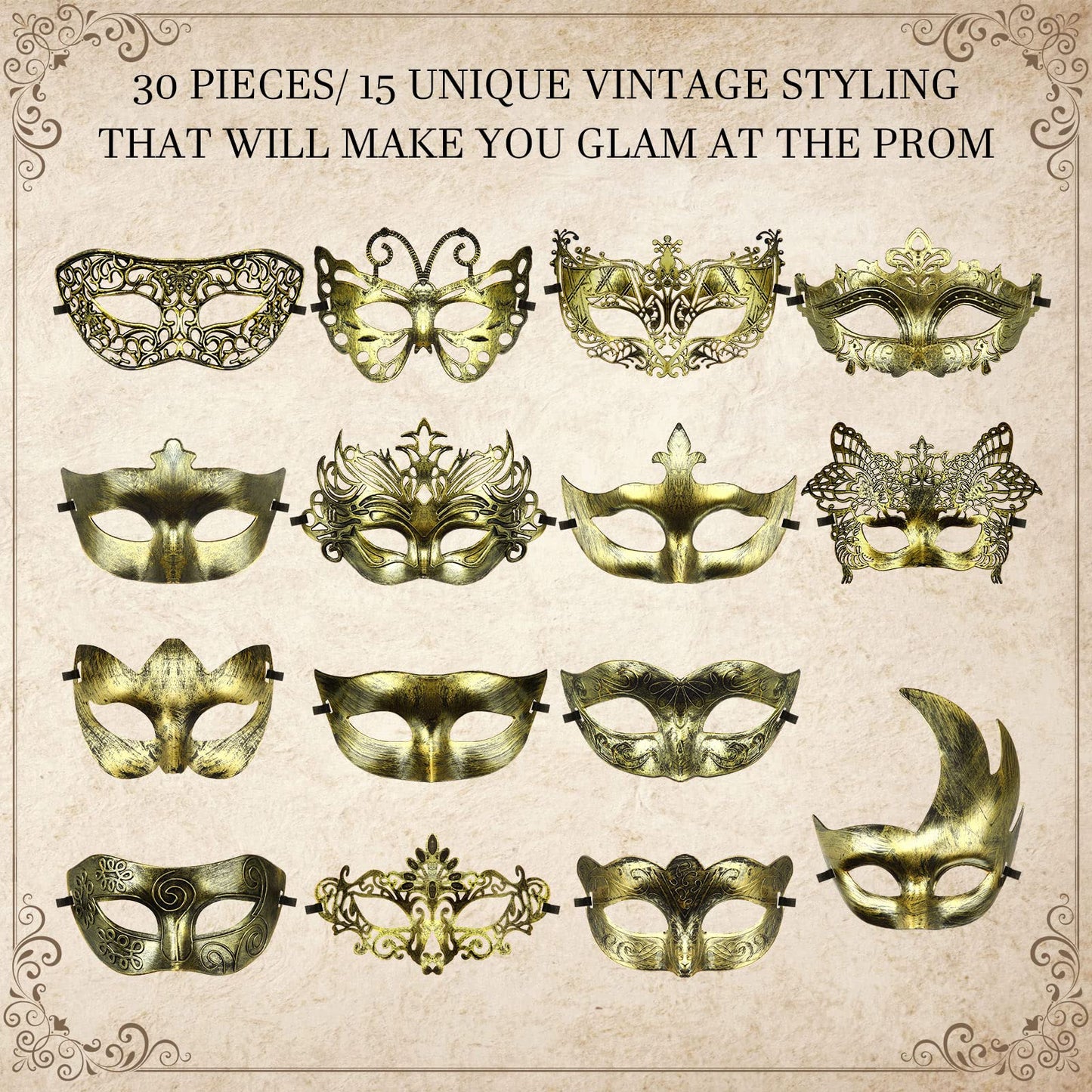 Yunsailing Masquerade Masks with Straps for Women Men,Gold