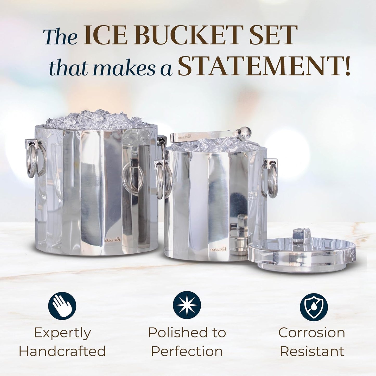 Insulated Ice Bucket for Parties by Objet D’Art, Large Ice Bucket with Scoop Tongs, 2 Stainless Steel Metal Buckets for Party, Double Walled, 2 Liters, Delphi, 7.5 x 9 x 10