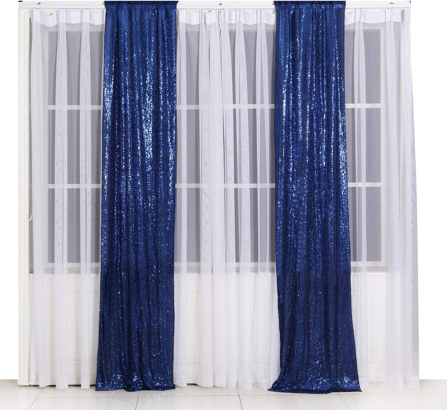 Poise3EHome 2ft x 8ft Blue Sequin Photography Backdrop Curtains 2 Panels for Party Decoration, Navy Blue