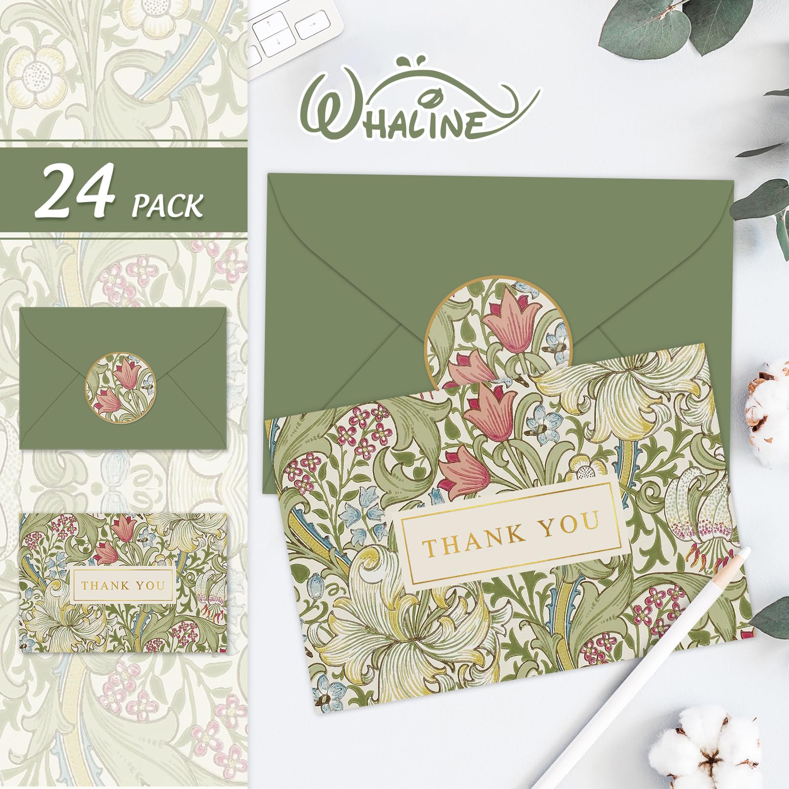 Whaline 24 Pack Floral Gold Foil Thank You Cards with Envelope & Sticker