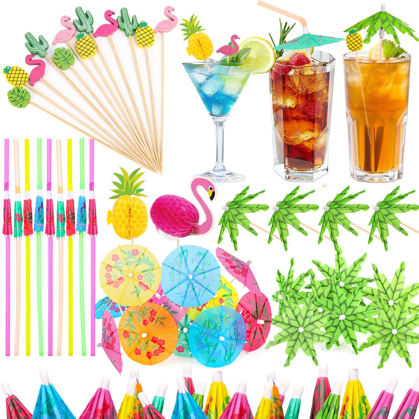 Paxcoo Drink Umbrellas, 180PCS Cocktail Drink Accessories Includes Umbrella Straws, Umbrella
