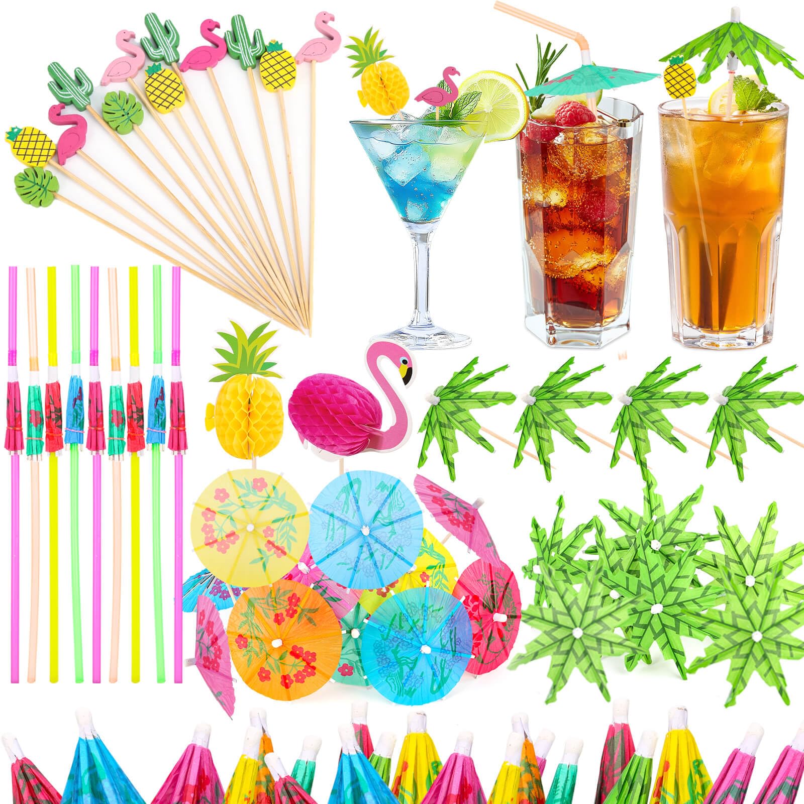 Paxcoo Drink Umbrellas, 180PCS Cocktail Drink Accessories Includes Umbrella Straws, Umbrella