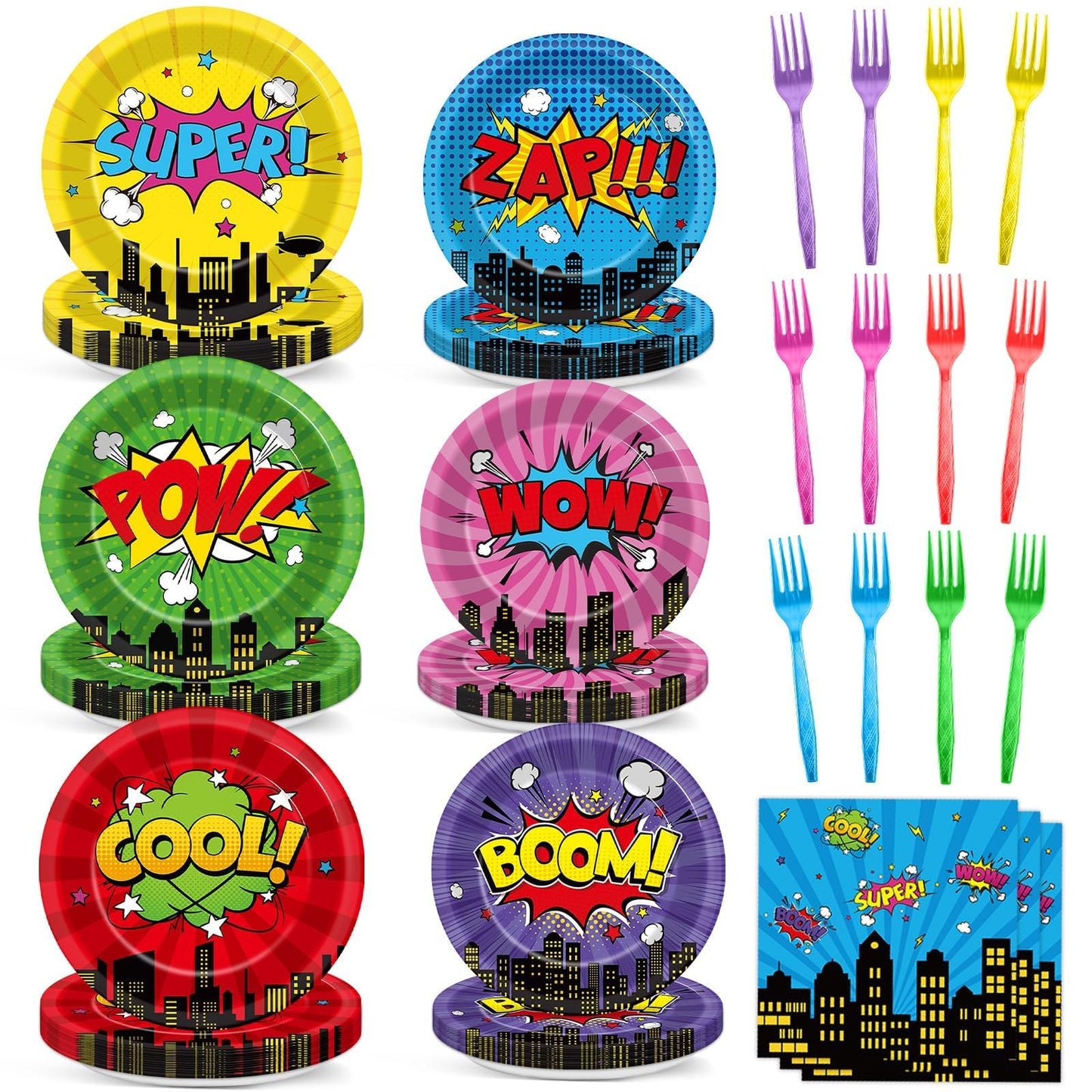 96Pcs Super Theme Hero Party Plates and Napkins Forks for Comic Heroes Birthday Decorations Hero's
