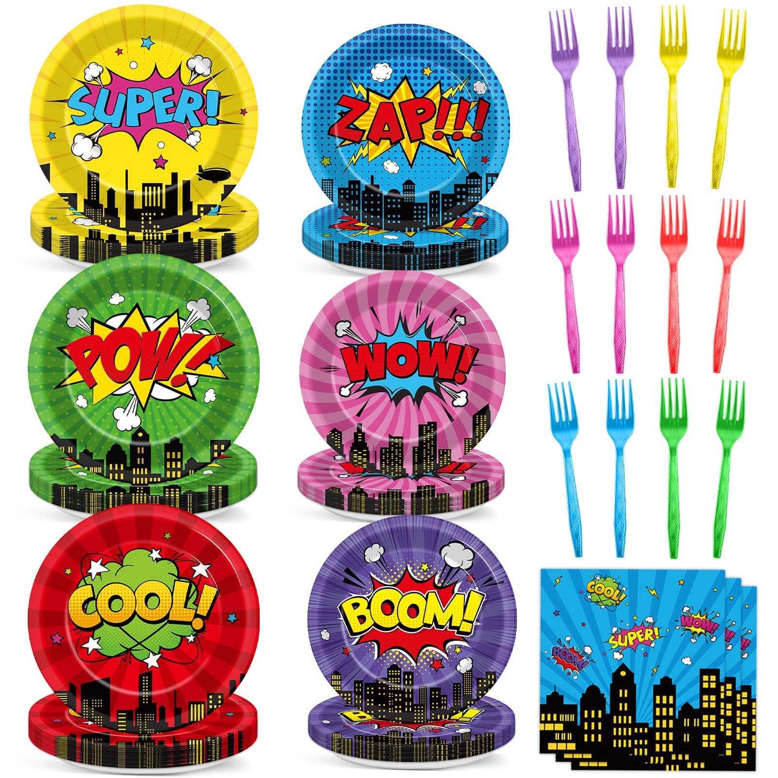 96Pcs Super Theme Hero Party Plates and Napkins Forks for Comic Heroes Birthday Decorations Hero's
