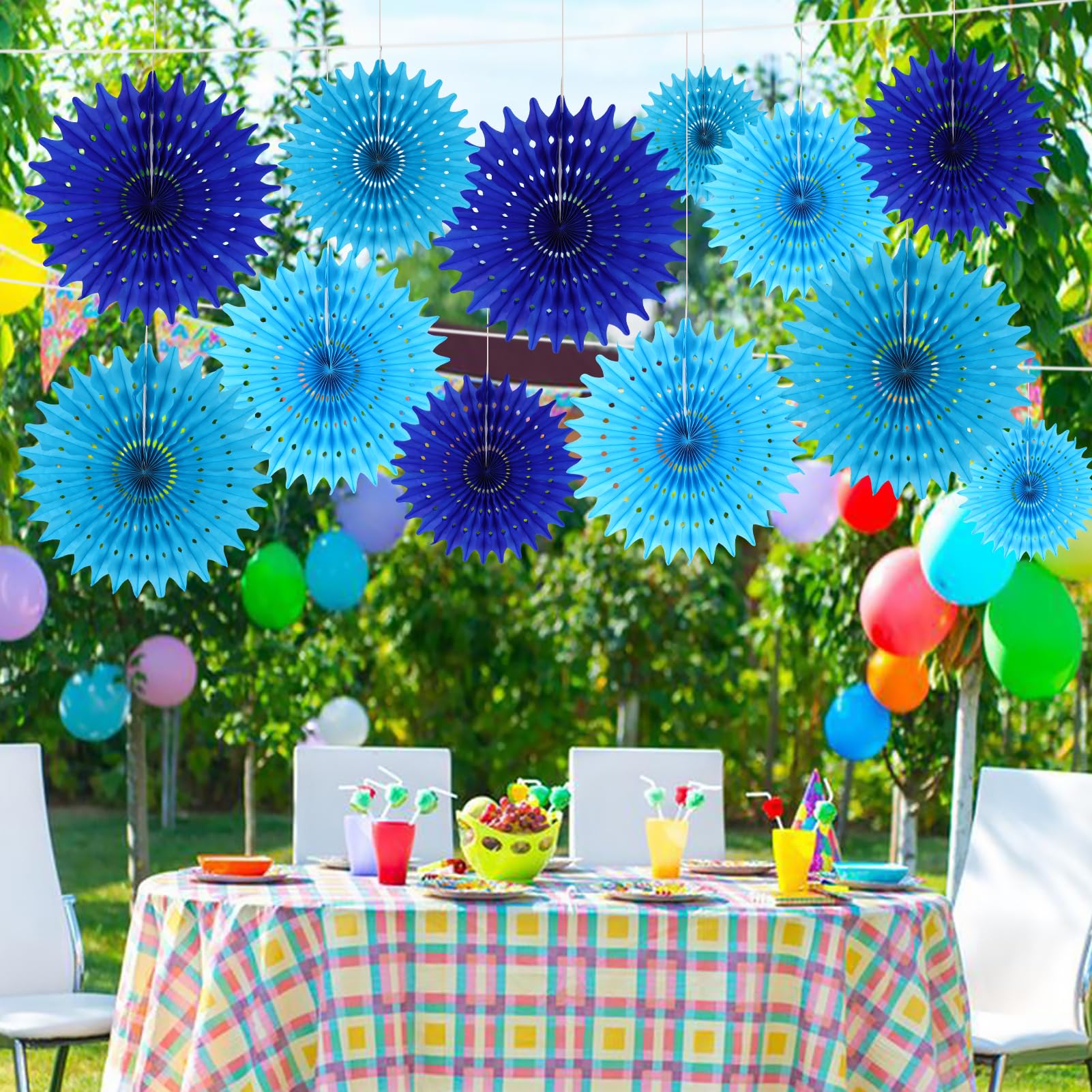 BestoFun 12PCS Paper Fans Blue Party Decorations Tissue Paper Flowers Decorations for Girl Groovy