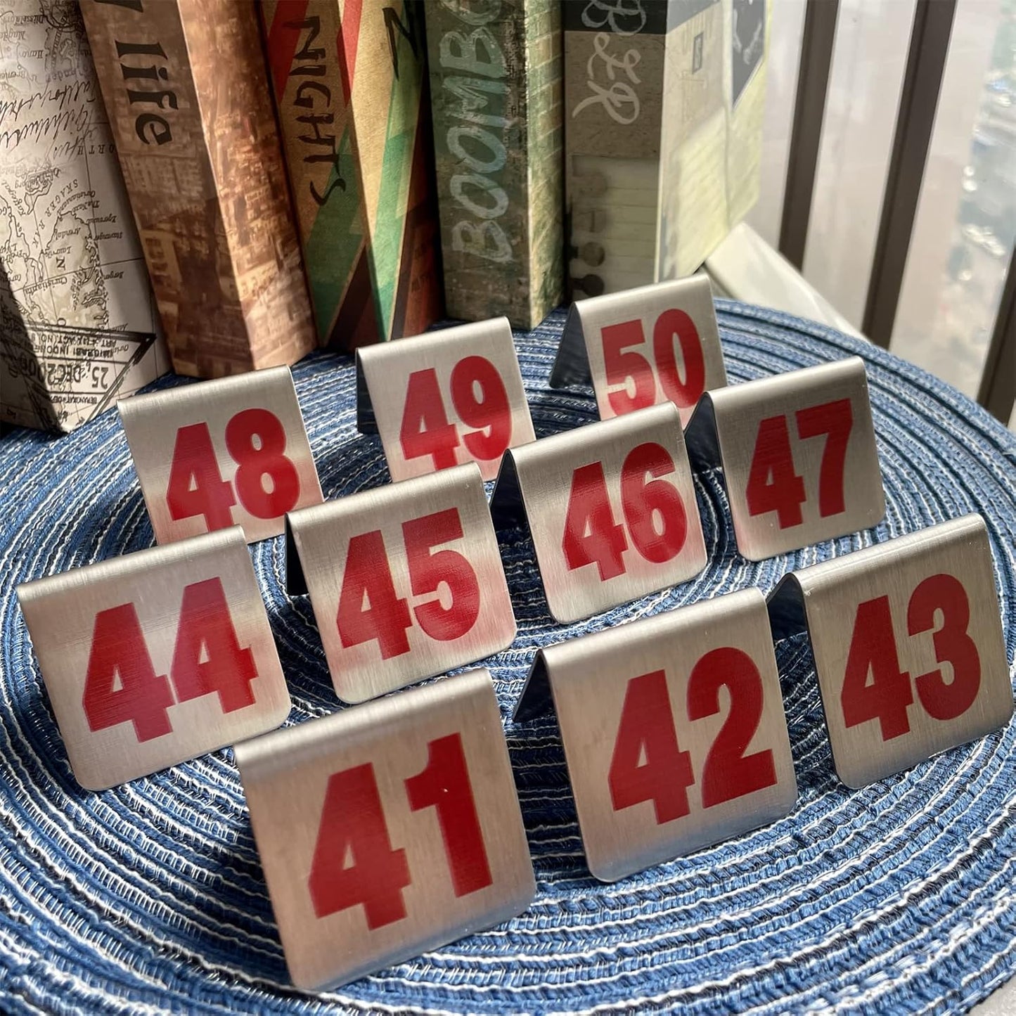 10 Pcs Metal Place Cards Stackable Tent Style Table Numbers，Place Card Holders for Celebration Wedding Party Restaurants Cafes Bars Gatherings meeting Room Board Game Serial (Small 41-50, Red)