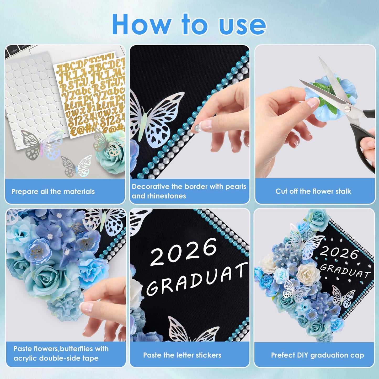 60 PCS Graduation Cap Decorations Kit 2026 with 3D Butterflies & Flowers