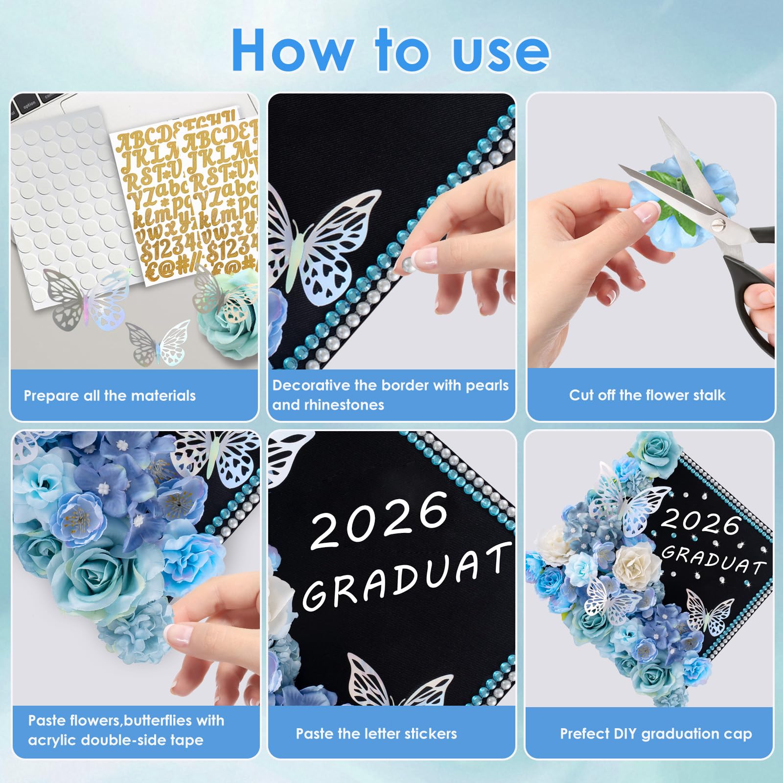60 PCS Graduation Cap Decorations Kit 2026 with 3D Butterflies & Flowers