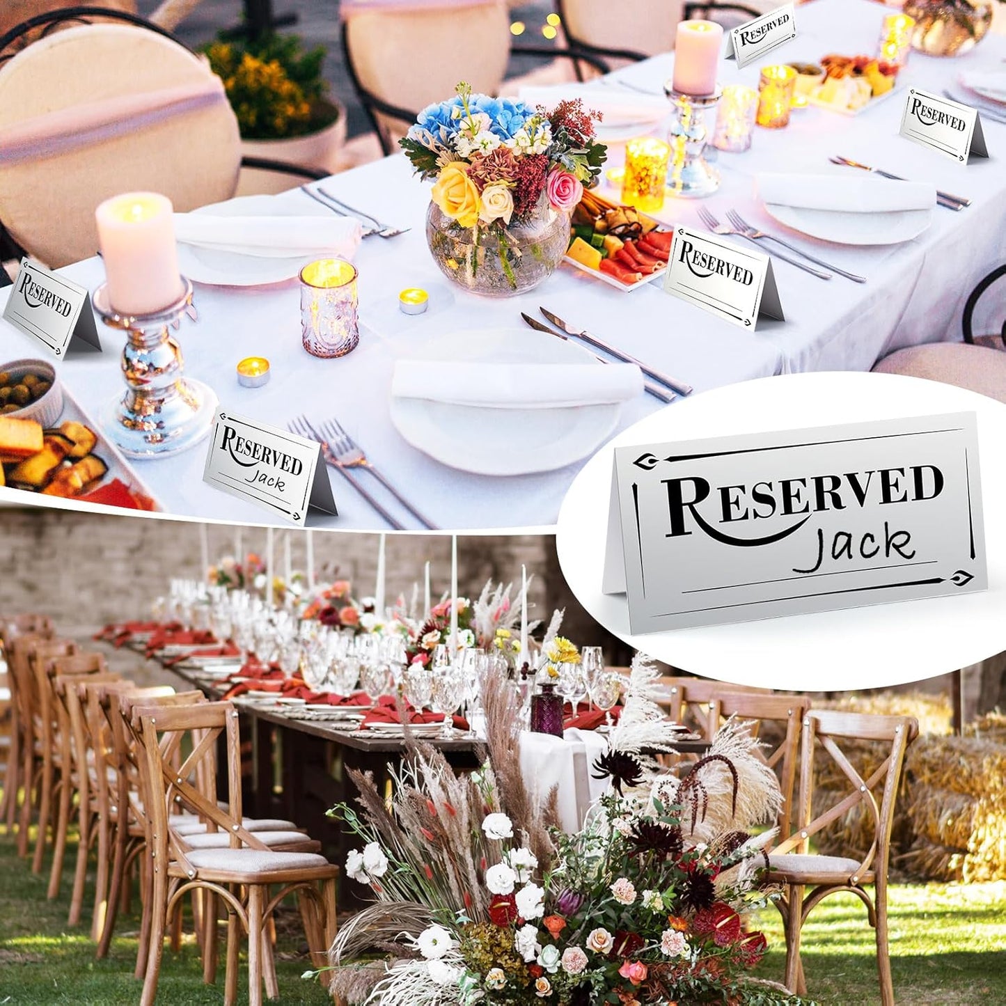 300 Pcs Paper Table Reserved Sign with Name Line Reserved Seating Signs Bulk Double Sided Signs for Reserving Seats Restaurant Wedding Reception Church Board Business Meeting (Silver Black)