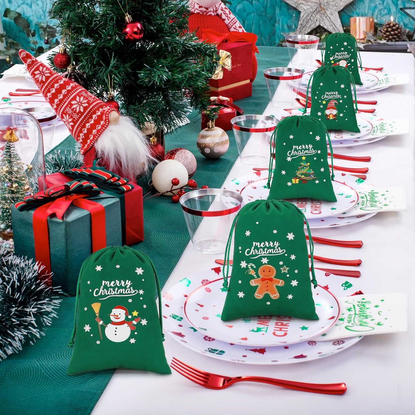 Tapleap Coth Christmas Bags with Drawstring - 50Pcs 5x7 Green Velvet for Wrapping Christmas Party Favors or Gifts for Friends, Children, Coworkers, Small Bussiness Products