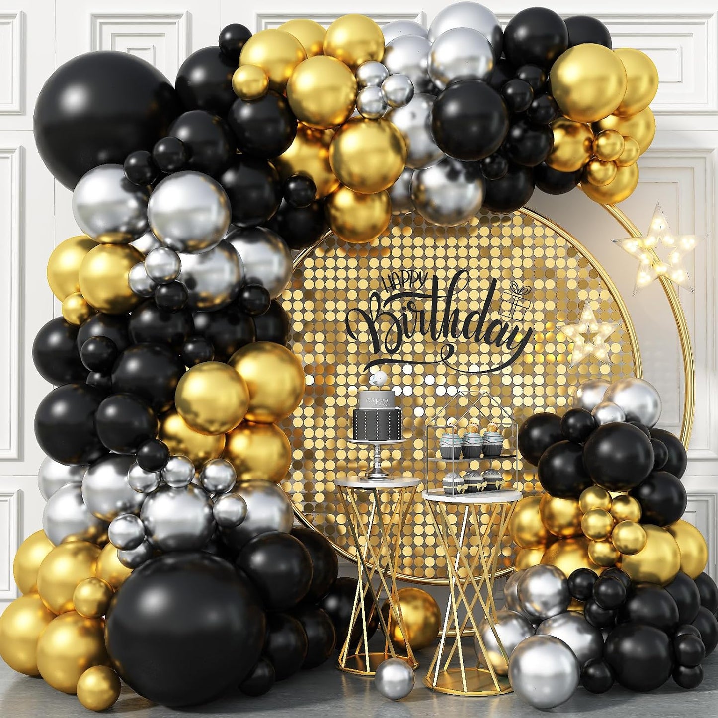 Black Gold Balloon Arch Kit 99Pcs Black Gold Silver Balloons Garland Kit Metallic Black and Gold Birthday Party Balloons for Boys Men Graduation Retirement Wedding Anniversary Bachelorette Decorations