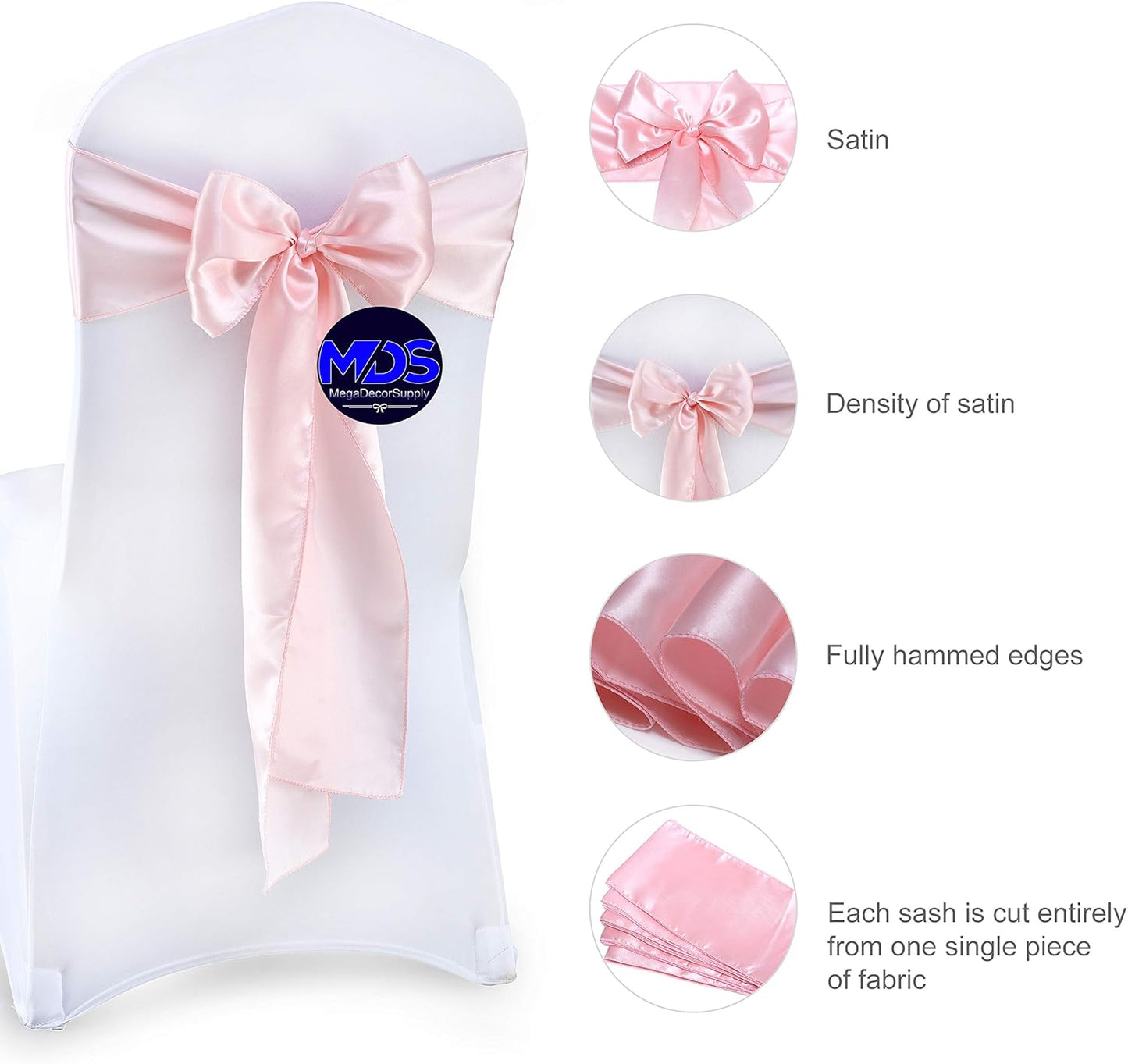 MDS Pack of 75 PCS Satin Chair Sashes Charmeuse Sateen Dining Chair Bows Ribbon Ties Back Sash for Wedding Party Birthday Home Hotel Restaurant Banquet Decoration (7 x 108 Inch, Blush Pink)