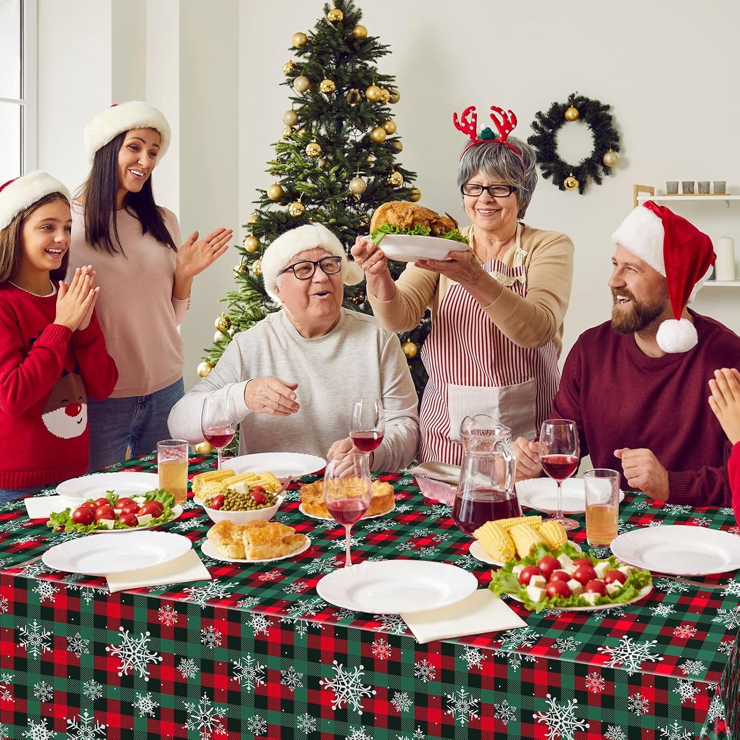 6Pcs Christmas Buffalo Plaid Snowflake Party Tablecloths Decorations,Plastic Red and Green Checkered Rectangle Table Cover for Winter Christmas New Year Birthday Holiday Party Decorations,54x108 inch