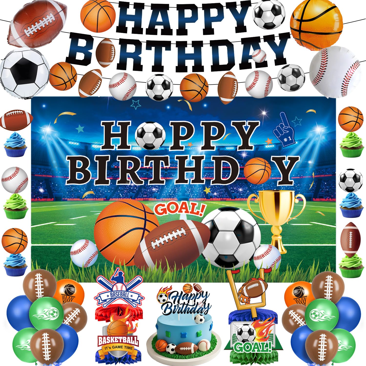 Sports Birthday Party Decorations Includes Banner, Backdrop, Foil & Latex Balloons, Cake & Cupcake