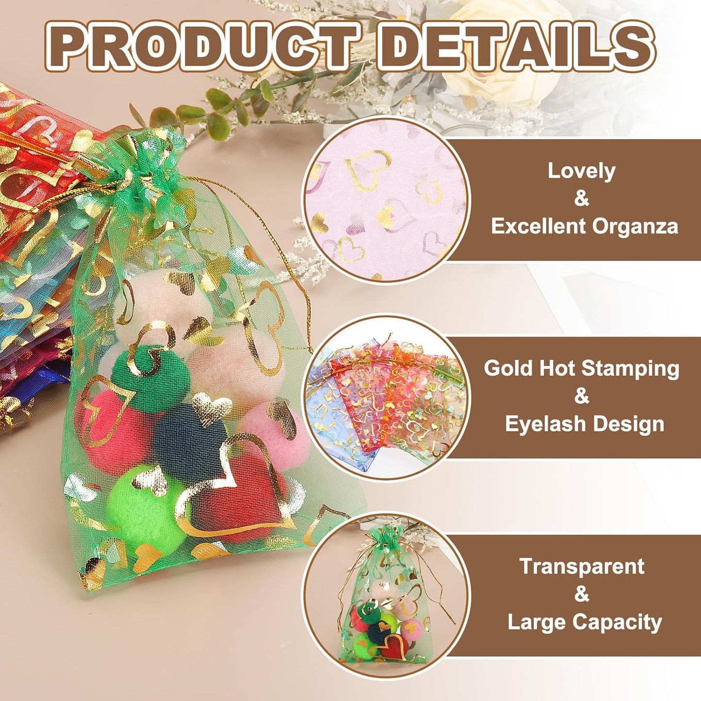 PATIKIL 50 Pcs 4x5 Inch Heart Printed Organza Bags, Red Sheer Heart Organza Bags with Drawstring for Festival Candy Jewelry Party Wedding Favor Gift