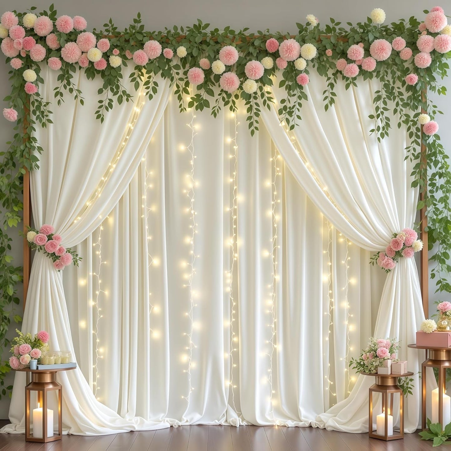Ivory Backdrop Curtains with Lights for Baby Shower,10x10FT Wrinkle Free Ivory Drapes Photo Backdrop Curtains for Wedding Birthday Party Ceremony Photography Photoshoot Decorations-5ft x 10ft
