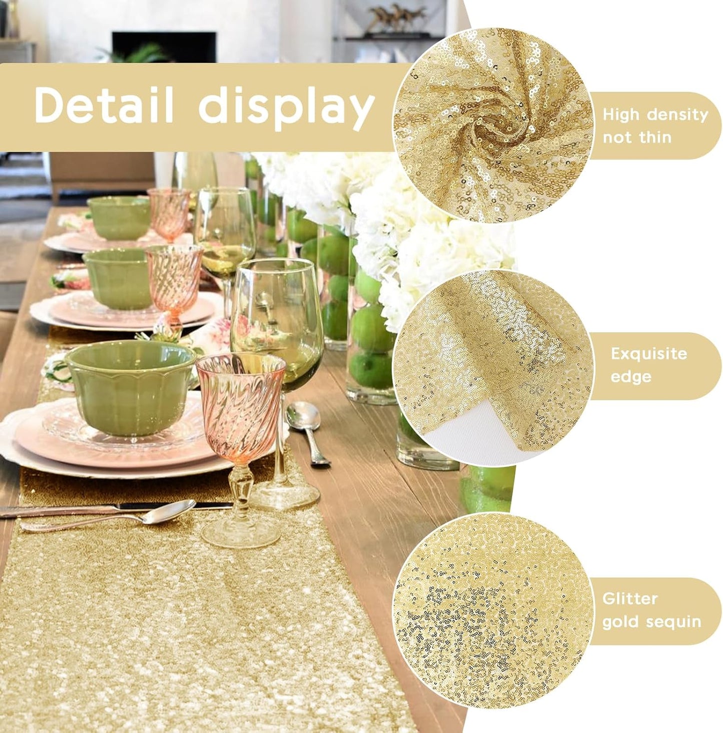 2 Packs 12 x 72 inches Sequin Table Runner, Gold Glitter Table Runner for Birthday Party Supplies Wedding Engagement Baby Shower Holiday Celebration Event Decorations