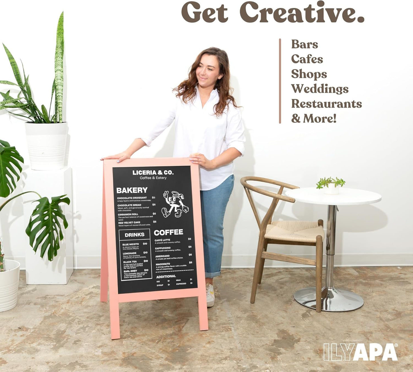 Ilyapa Wooden A-Frame Sign with Eraser & Chalk - 40 x 20 Inches Magnetic Sidewalk Chalkboard – Pink Menu Display for Restaurant, Business Or Wedding