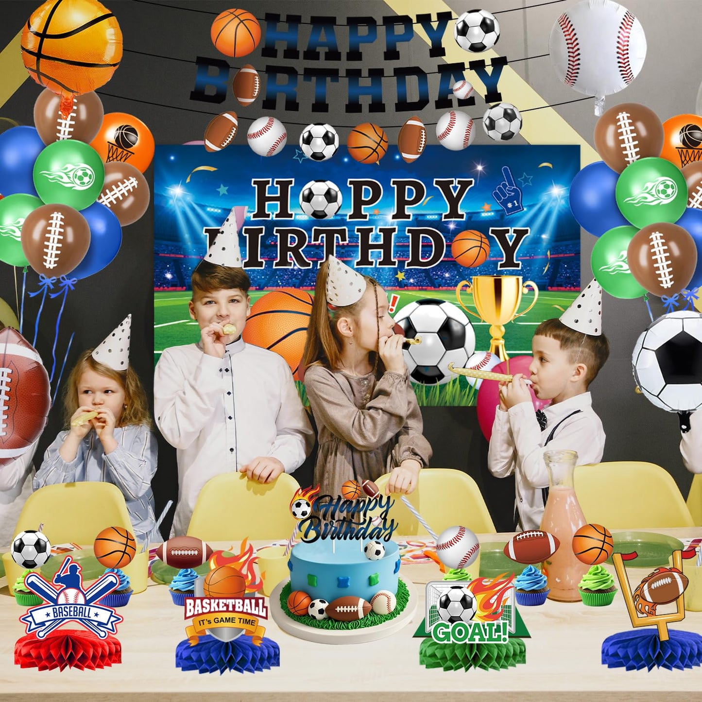 Sports Birthday Party Decorations Includes Banner, Backdrop, Foil & Latex Balloons, Cake & Cupcake