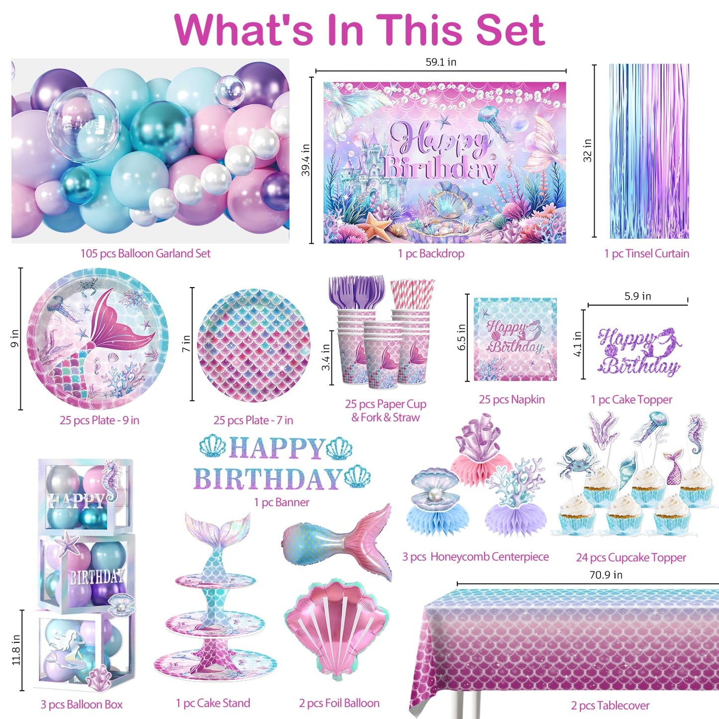 Fexivo Mermaid Birthday Decorations, All-in-One Set for 25 Guests
