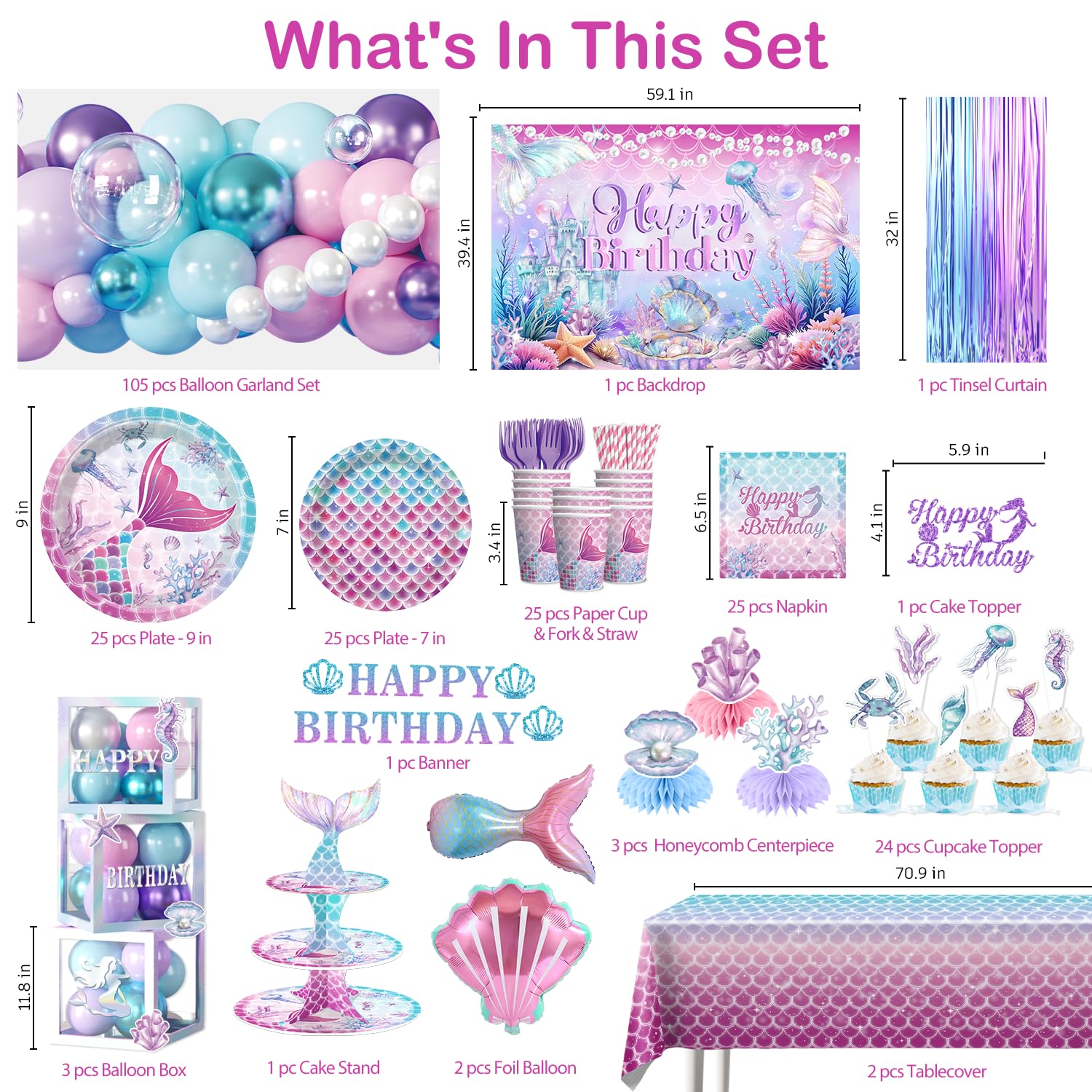 Fexivo Mermaid Birthday Decorations, All-in-One Set for 25 Guests