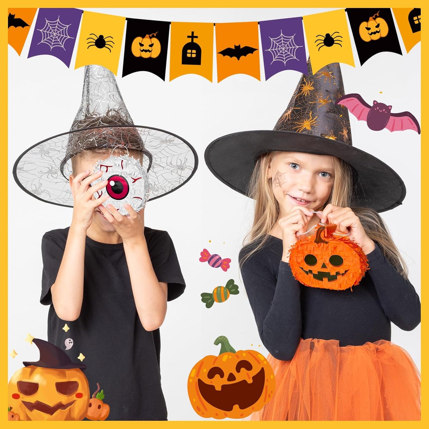 6 Pcs Halloween Piñata Set Small Pumpkin Ghost Tombstone Bat Eyeball Witch Jar Piñata Fillable Piñata for Halloween Party Decorations Photo Props for Candy and Treats