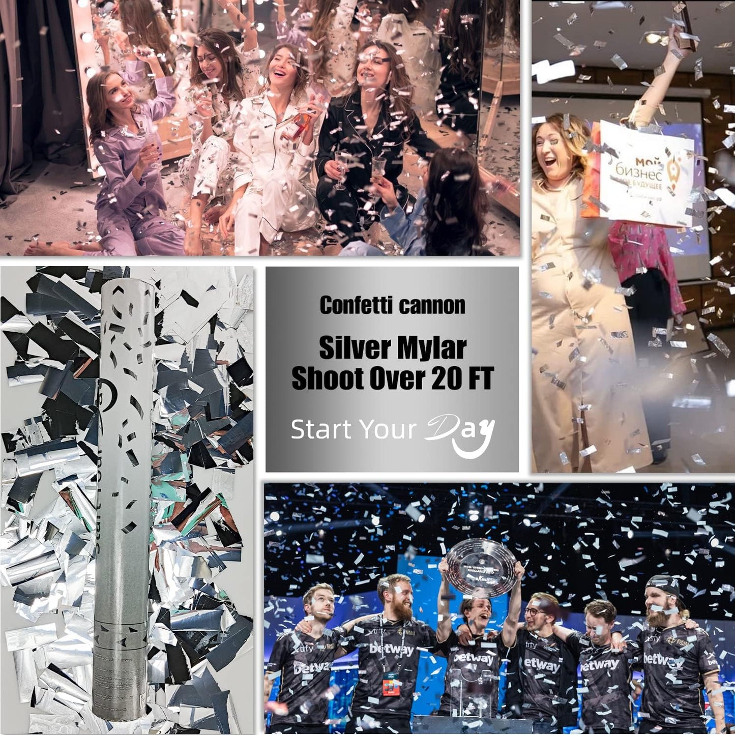 confetti Cannons, 15 Inch+Longer Confetti Shooters Party Poppers, WORKKEEP Silver Confetti Popper Air Powered for Birthday Wedding Celebration Photo Shoot New Year's Eve confetti Gun