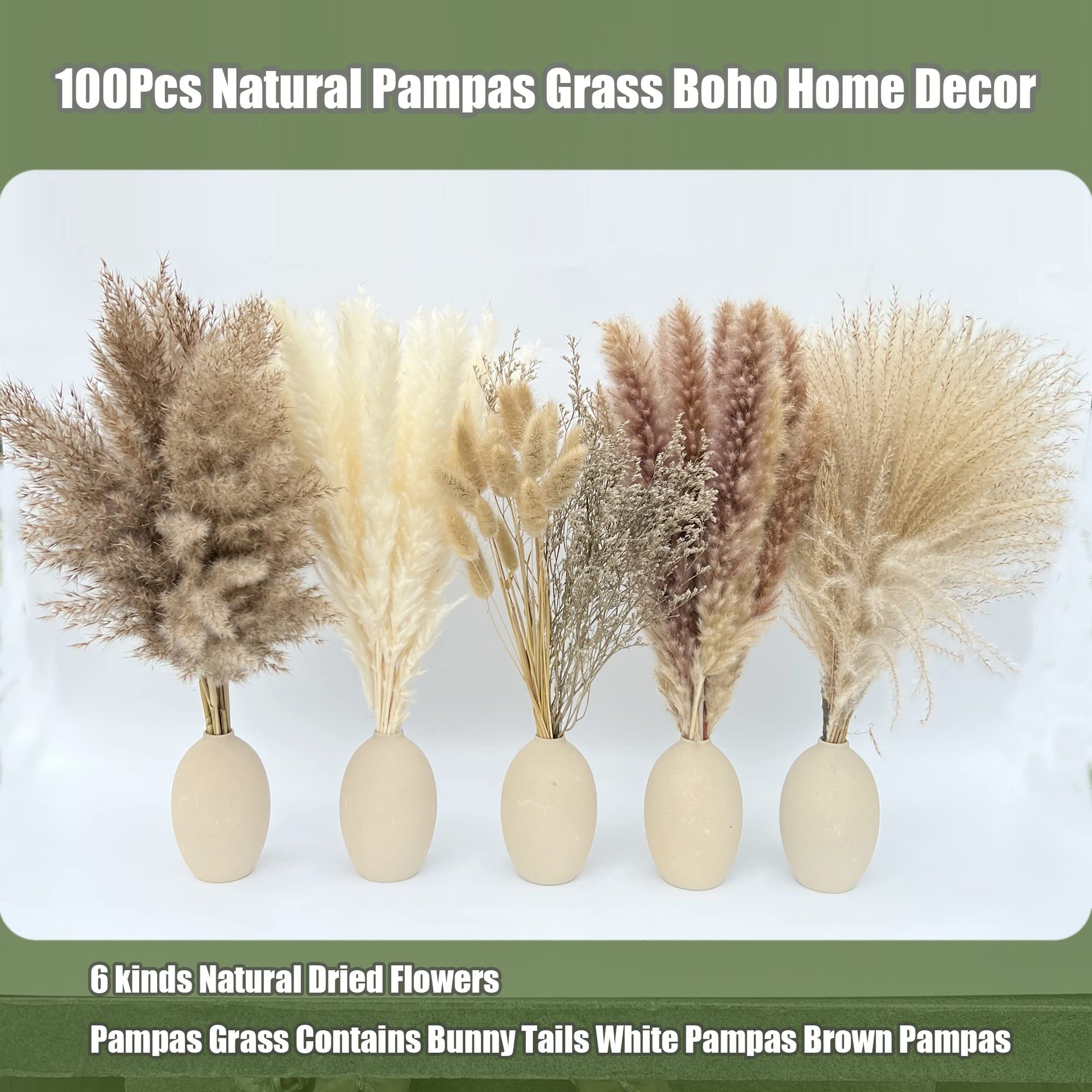 100Pcs Pampas Grass Boho Home Decor 17 inch Natural Dried Flowers-Pampas Grass Contains Bunny Tails